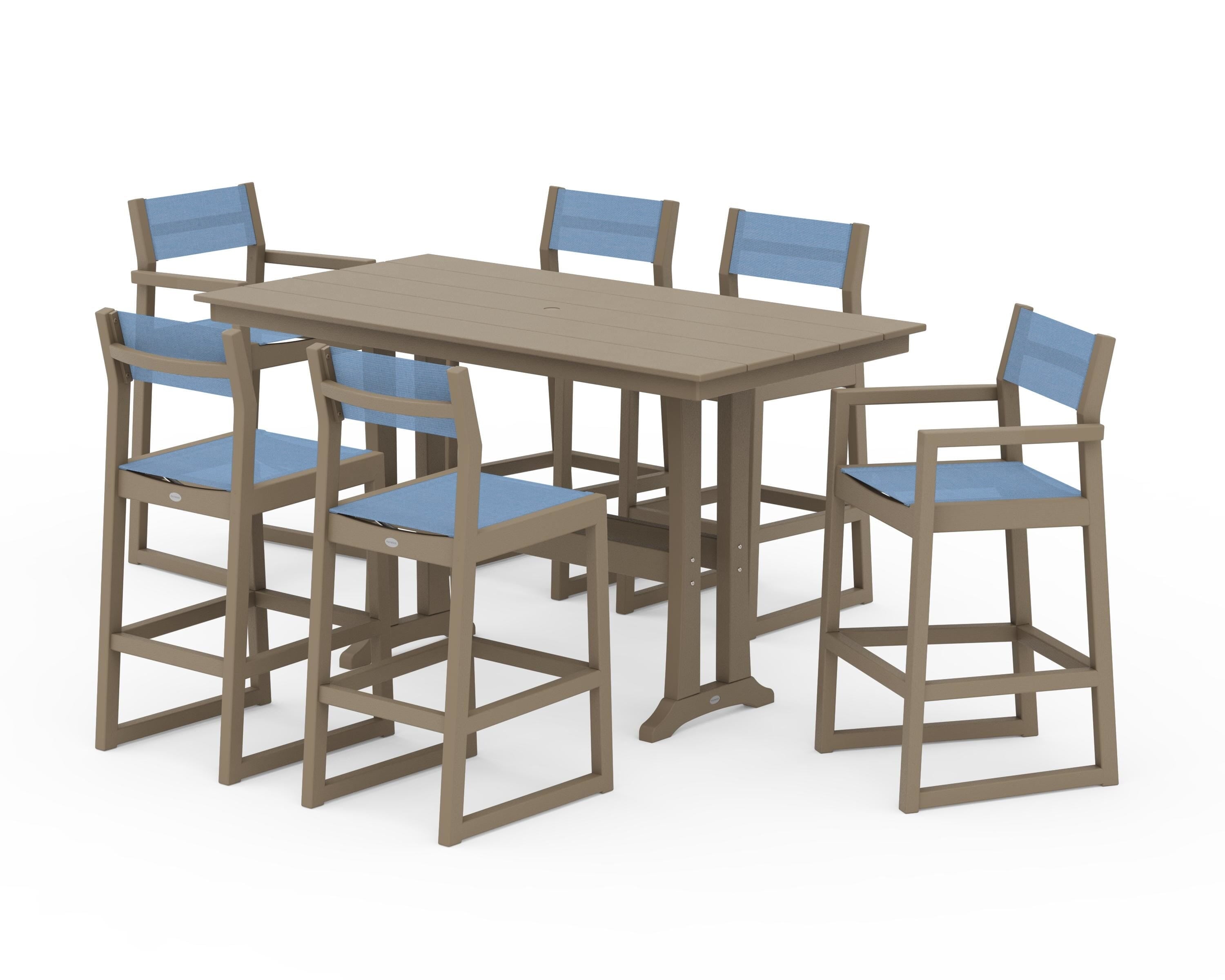 POLYWOOD EDGE Sling 7-Piece Farmhouse Bar Set with Trestle Legs in Vintage Sahara / Poolside Sling