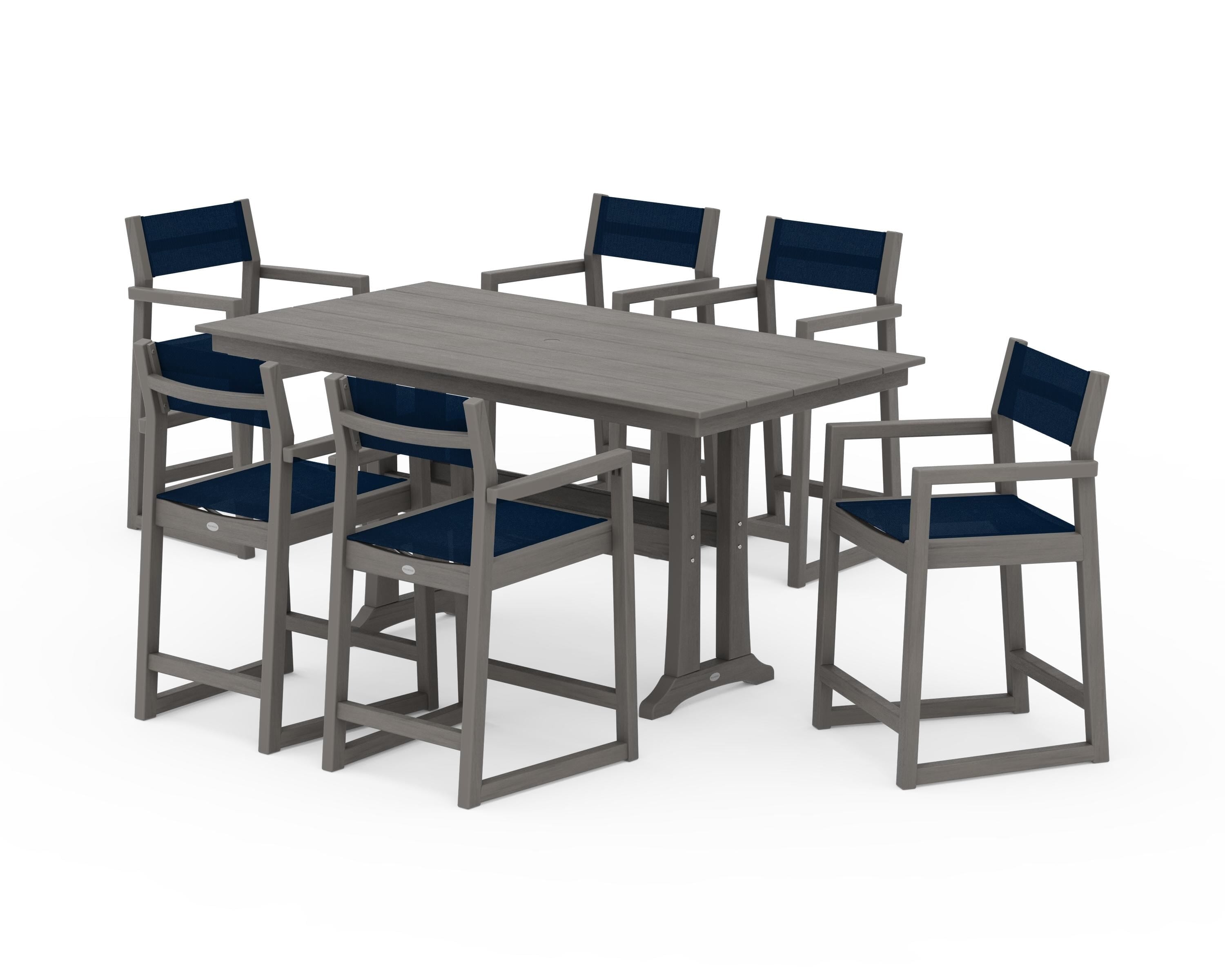 POLYWOOD EDGE Sling Arm Chair 7-Piece Farmhouse Counter Set with Trestle Legs in Driftwood / Navy Blue Sling