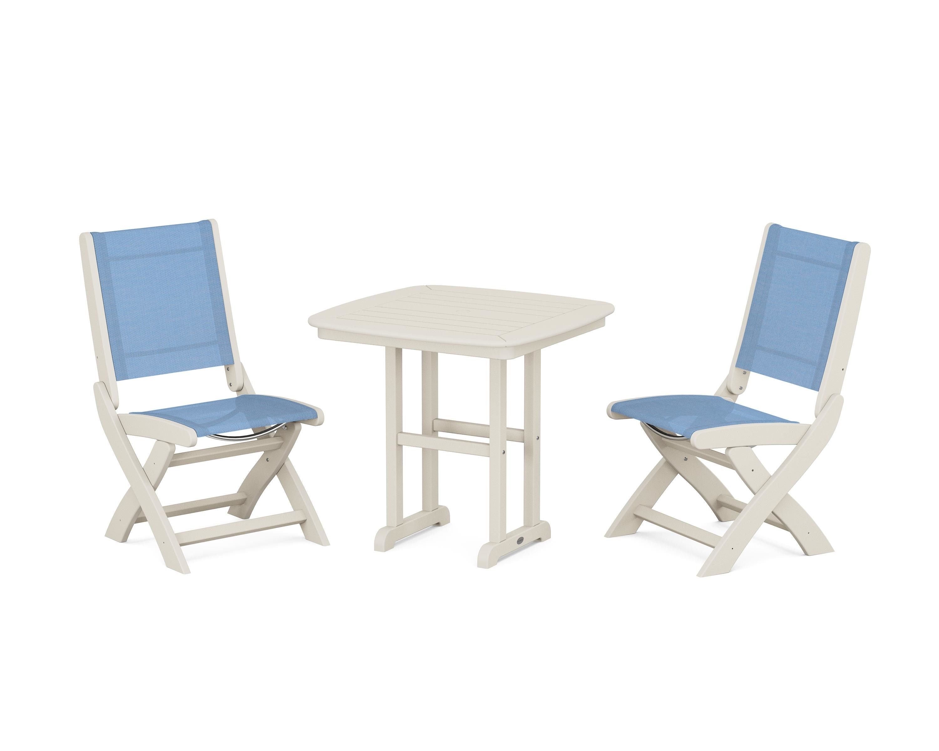 POLYWOOD Coastal Folding Side Chair 3-Piece Dining Set in Sand / Poolside Sling