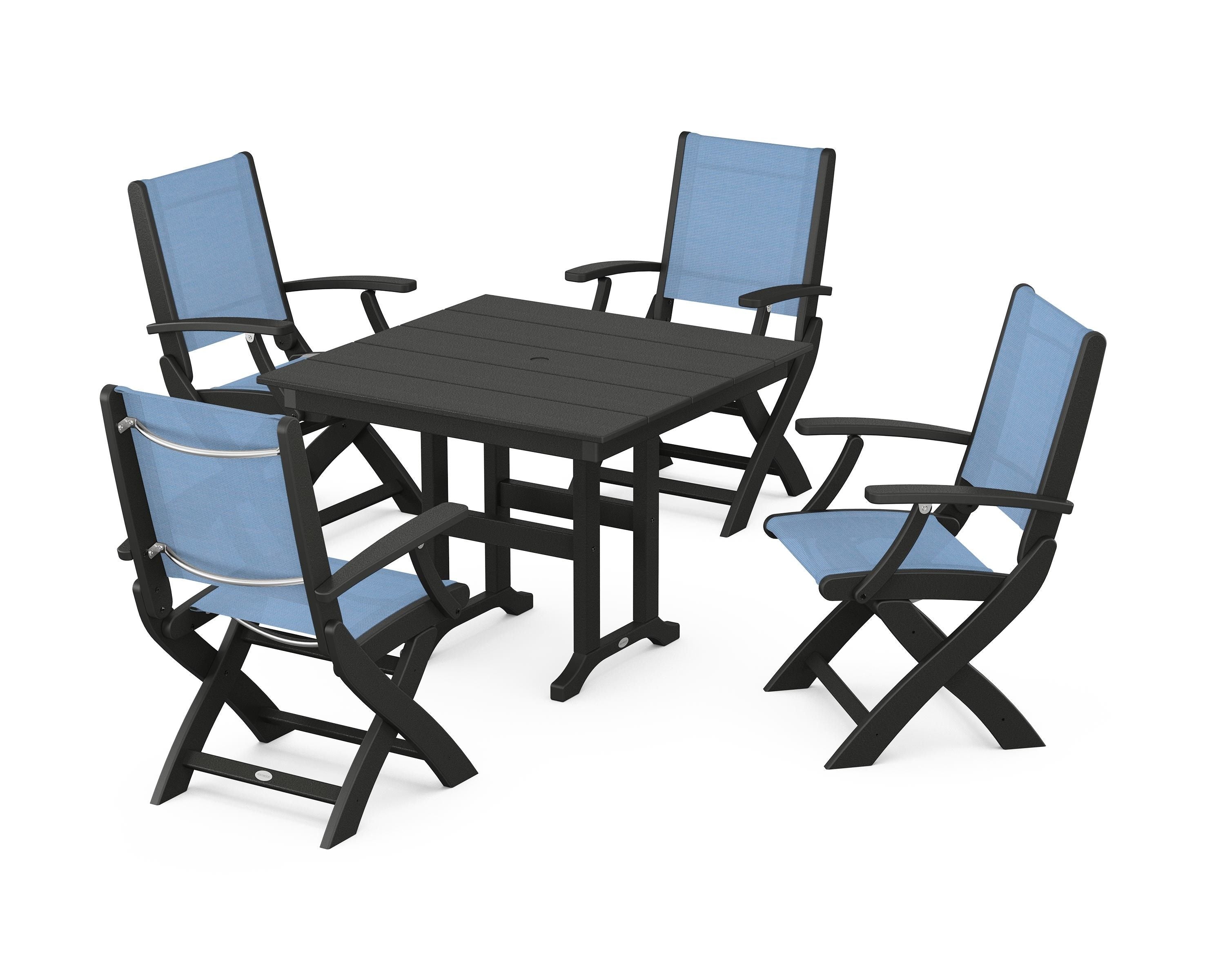 POLYWOOD Coastal Folding Chair 5-Piece Farmhouse Dining Set in Black / Poolside Sling