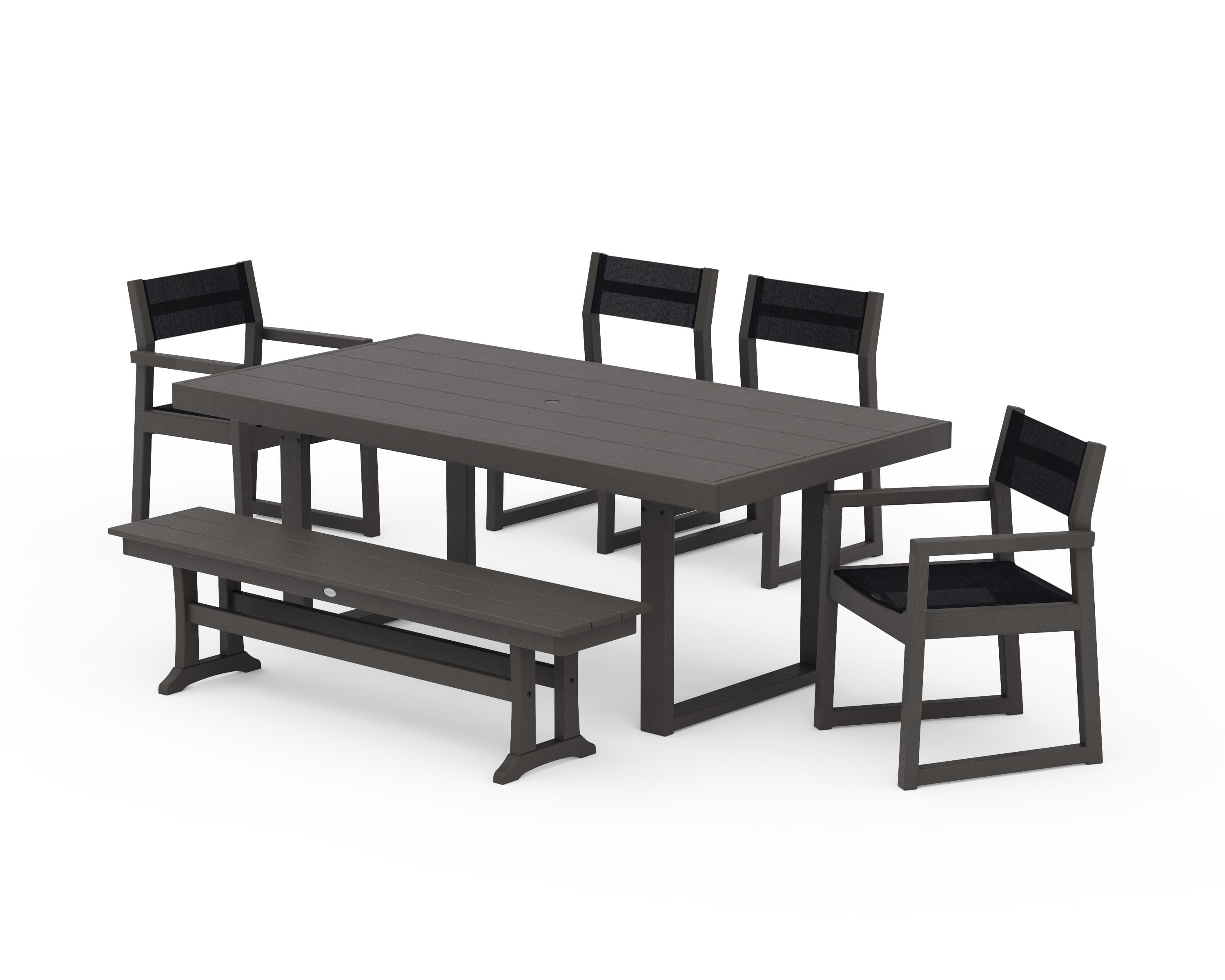 POLYWOOD EDGE Sling 6-Piece Dining Set with Bench in Vintage Coffee / Black Sling
