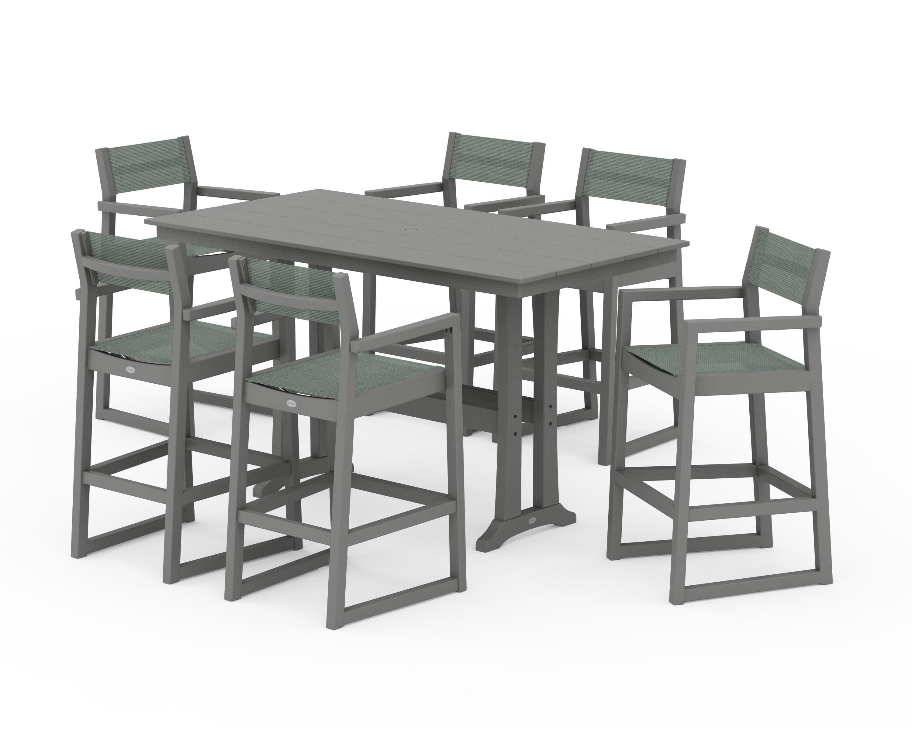 POLYWOOD EDGE Sling Arm Chair 7-Piece Farmhouse Bar Set with Trestle Legs in Slate Grey / Dupioni Sea Mist Sling