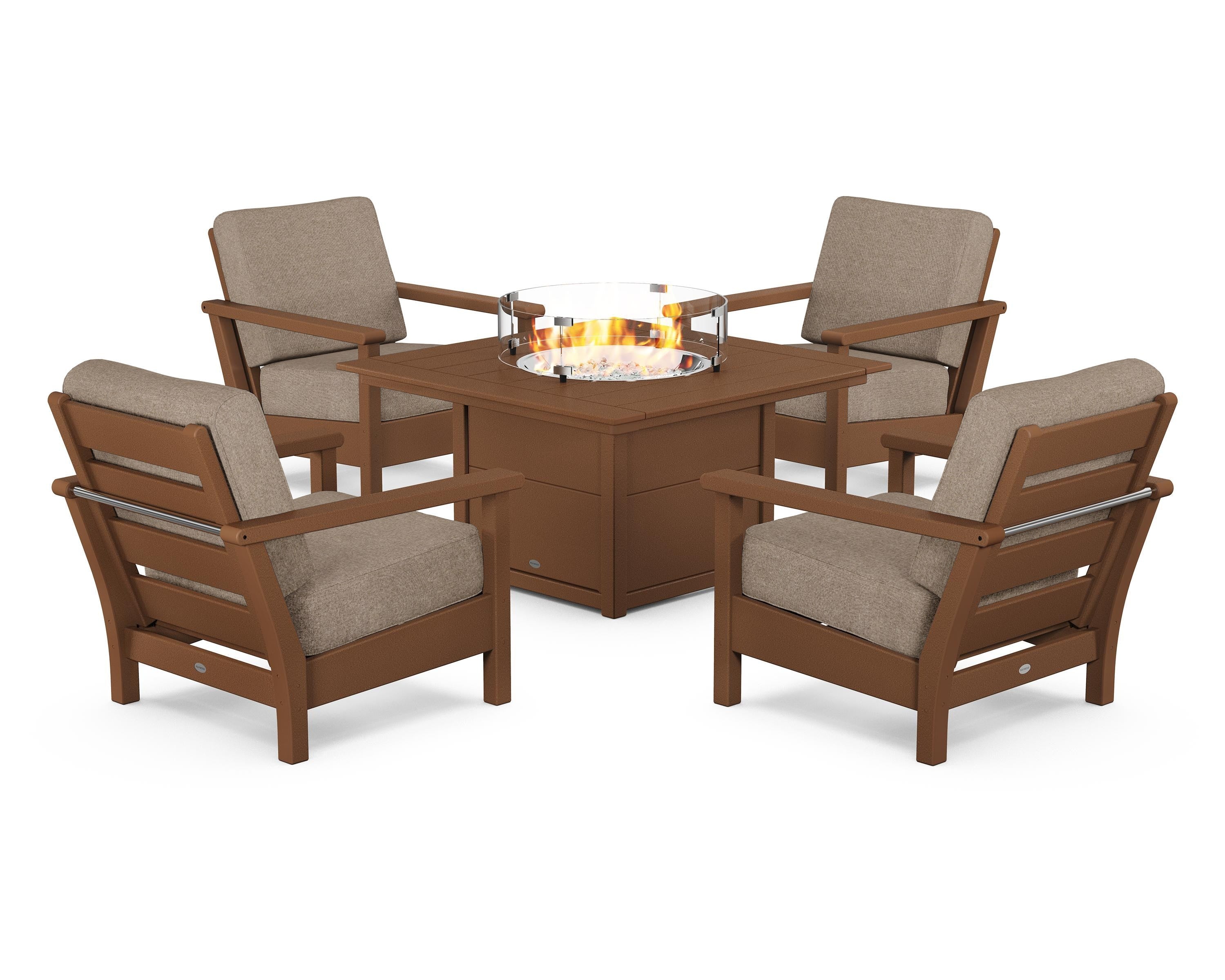 POLYWOOD Harbour 5-Piece Conversation Set with Fire Pit Table in Teak / Spiced Burlap