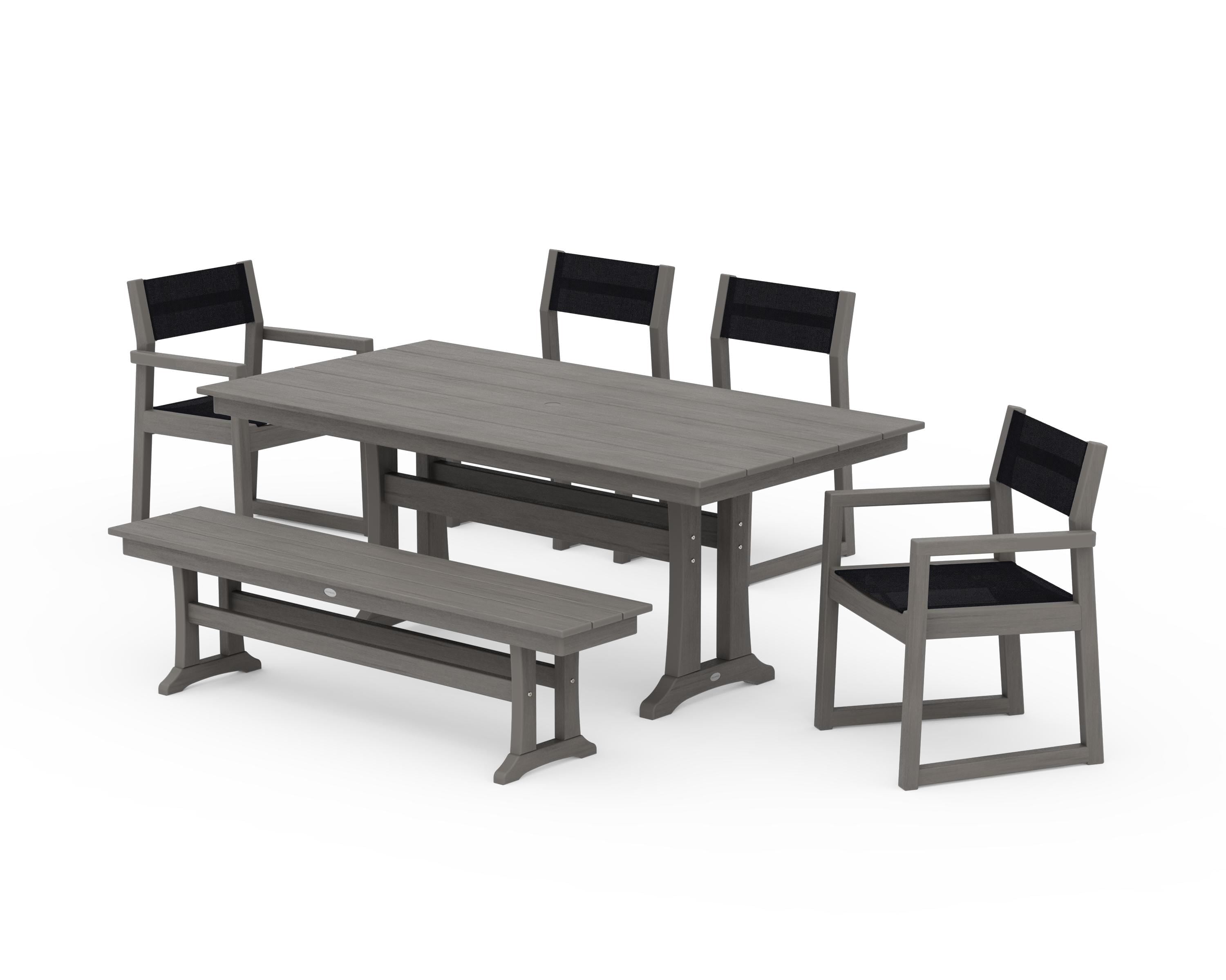POLYWOOD EDGE Sling 6-Piece Farmhouse Dining Set With Trestle Legs in Driftwood / Black Sling
