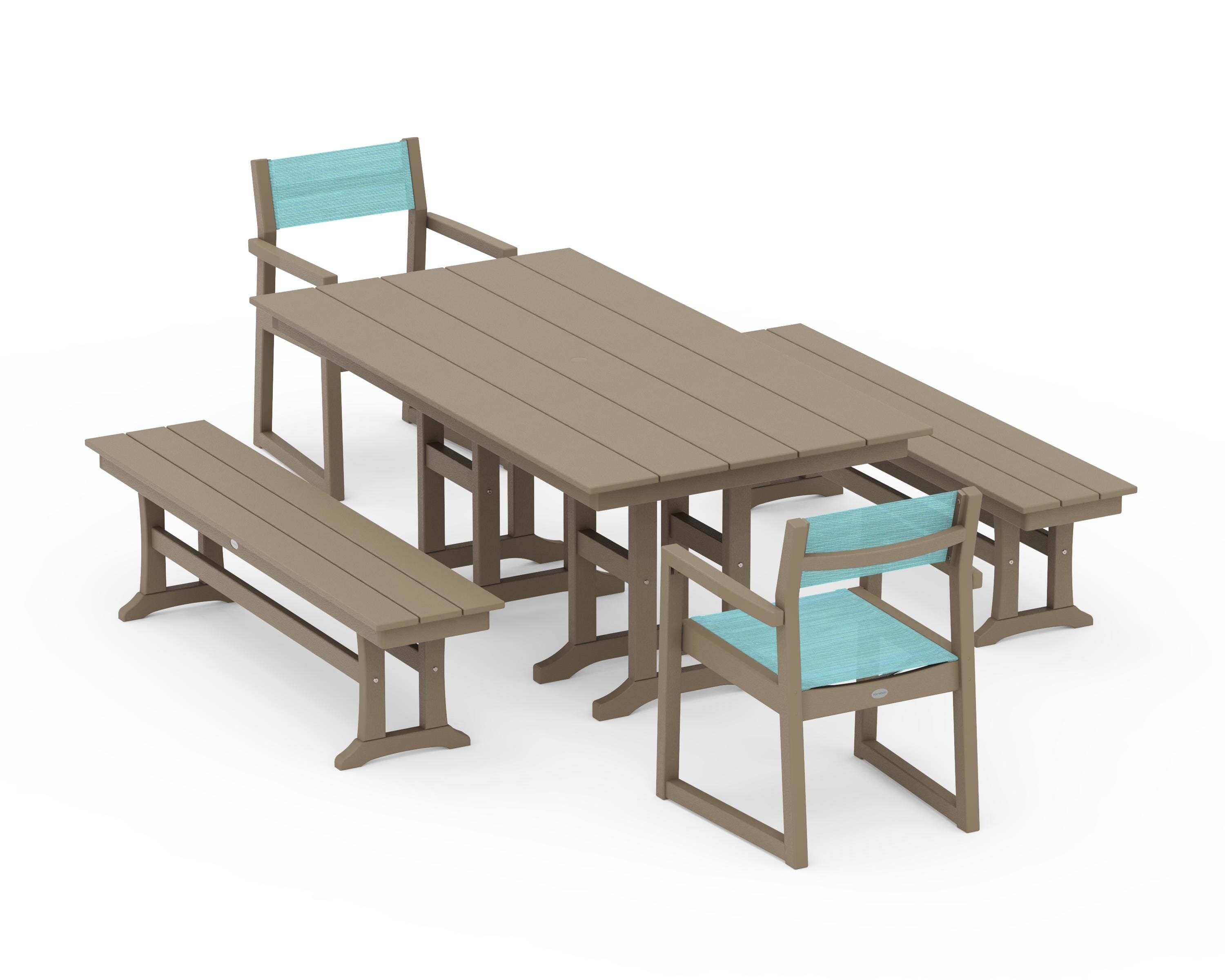 POLYWOOD EDGE Sling Arm Chair 5-Piece Farmhouse Dining Set with Benches in Vintage Sahara / Dupioni Aquamarine Sling