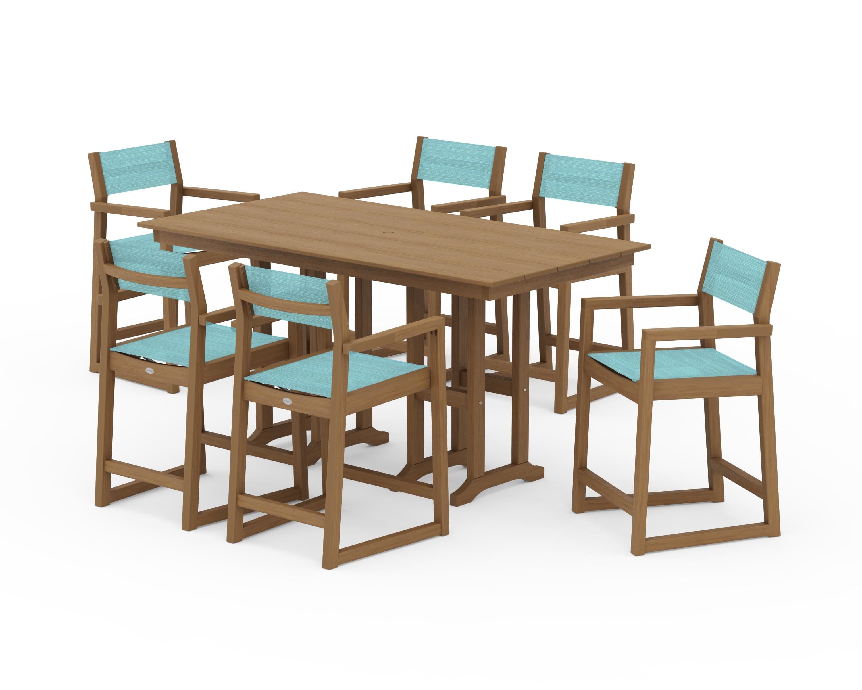 POLYWOOD EDGE Sling Arm Chair 7-Piece Farmhouse Counter Set in Natural / Dupioni Aquamarine Sling