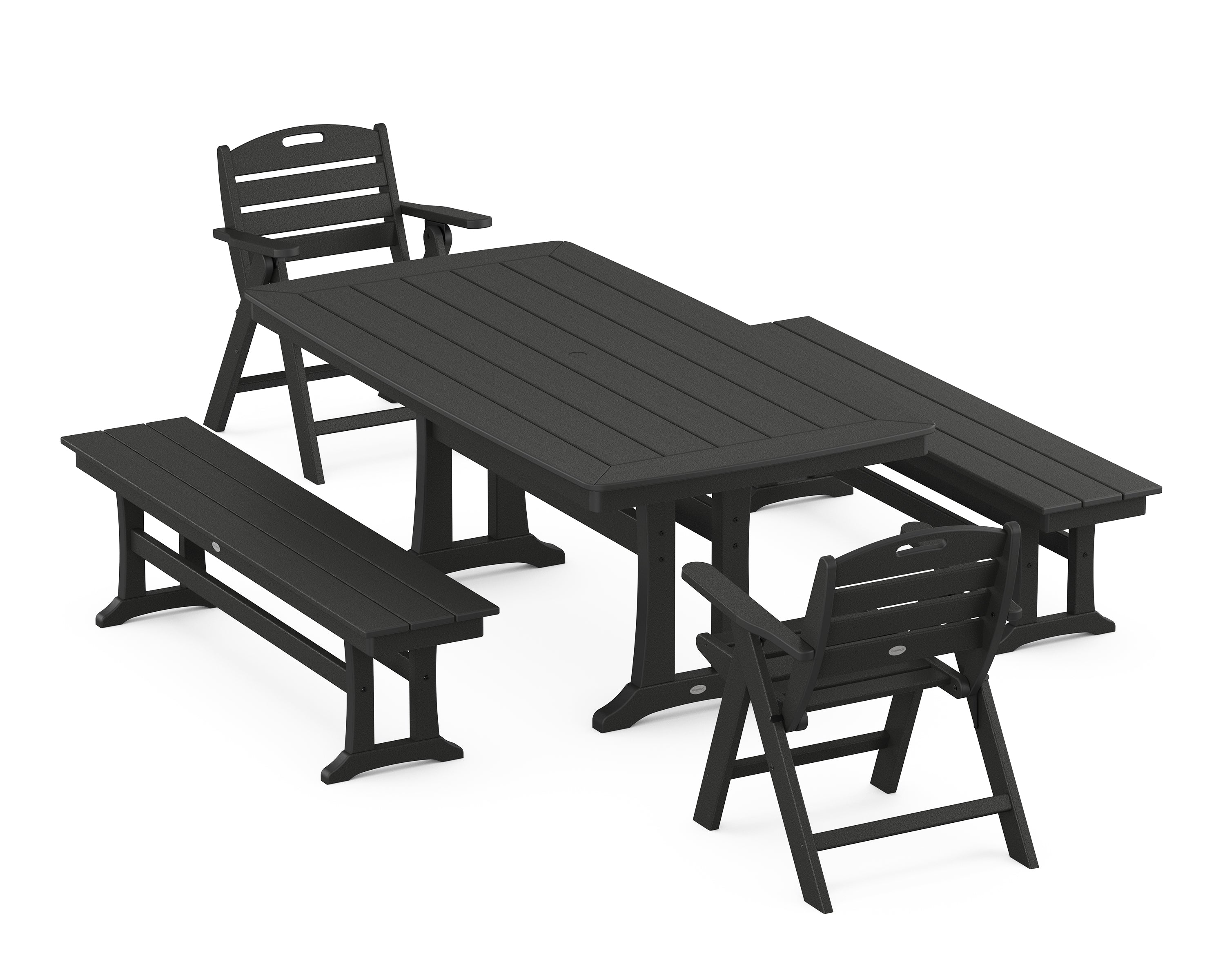 POLYWOOD Nautical Folding Lowback Chair 5-Piece Dining Set with Trestle Legs and Benches in Black