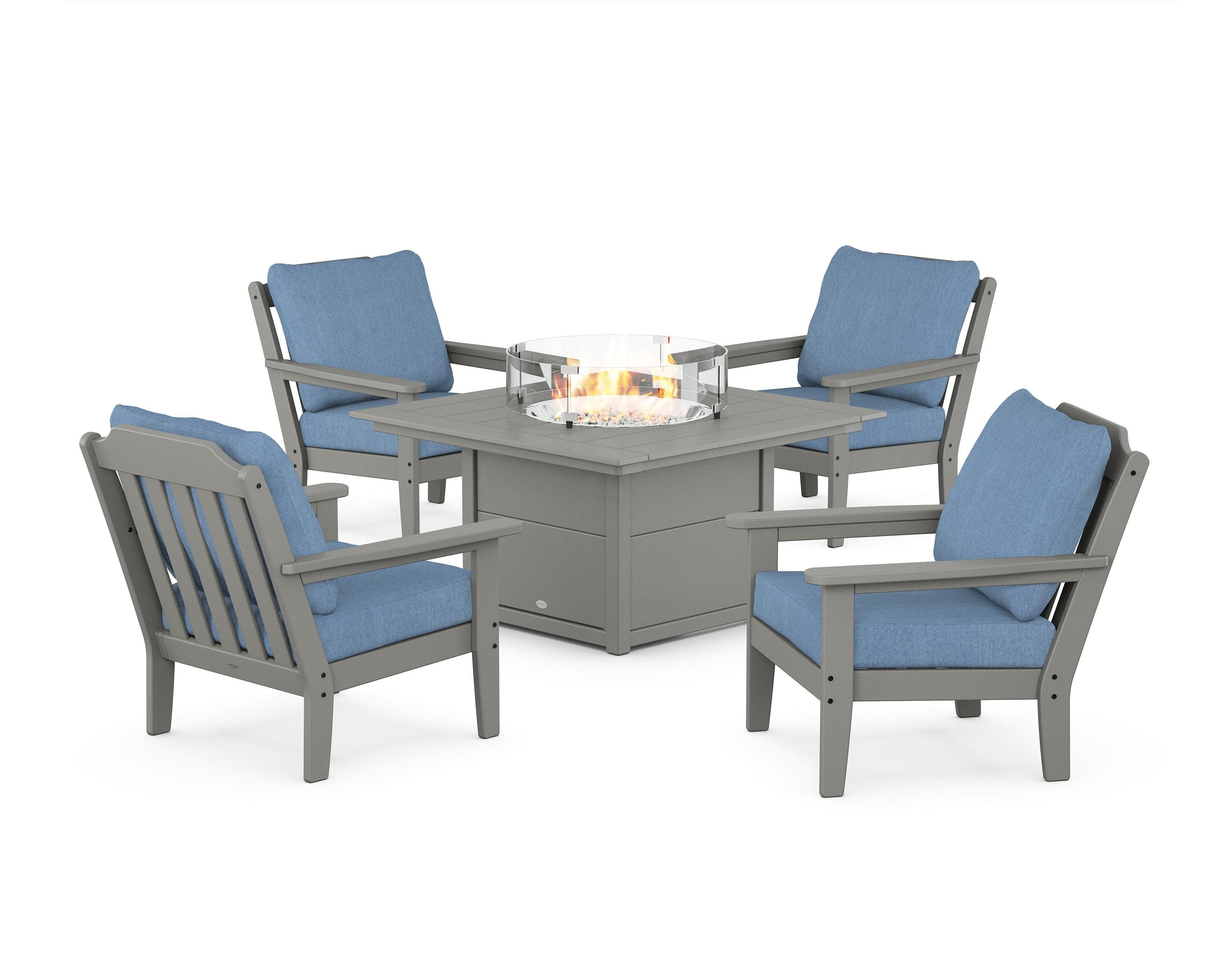 Country Living Cottage 5-Piece Deep Seating Set with Fire Pit Table in Slate Grey / Sky Blue
