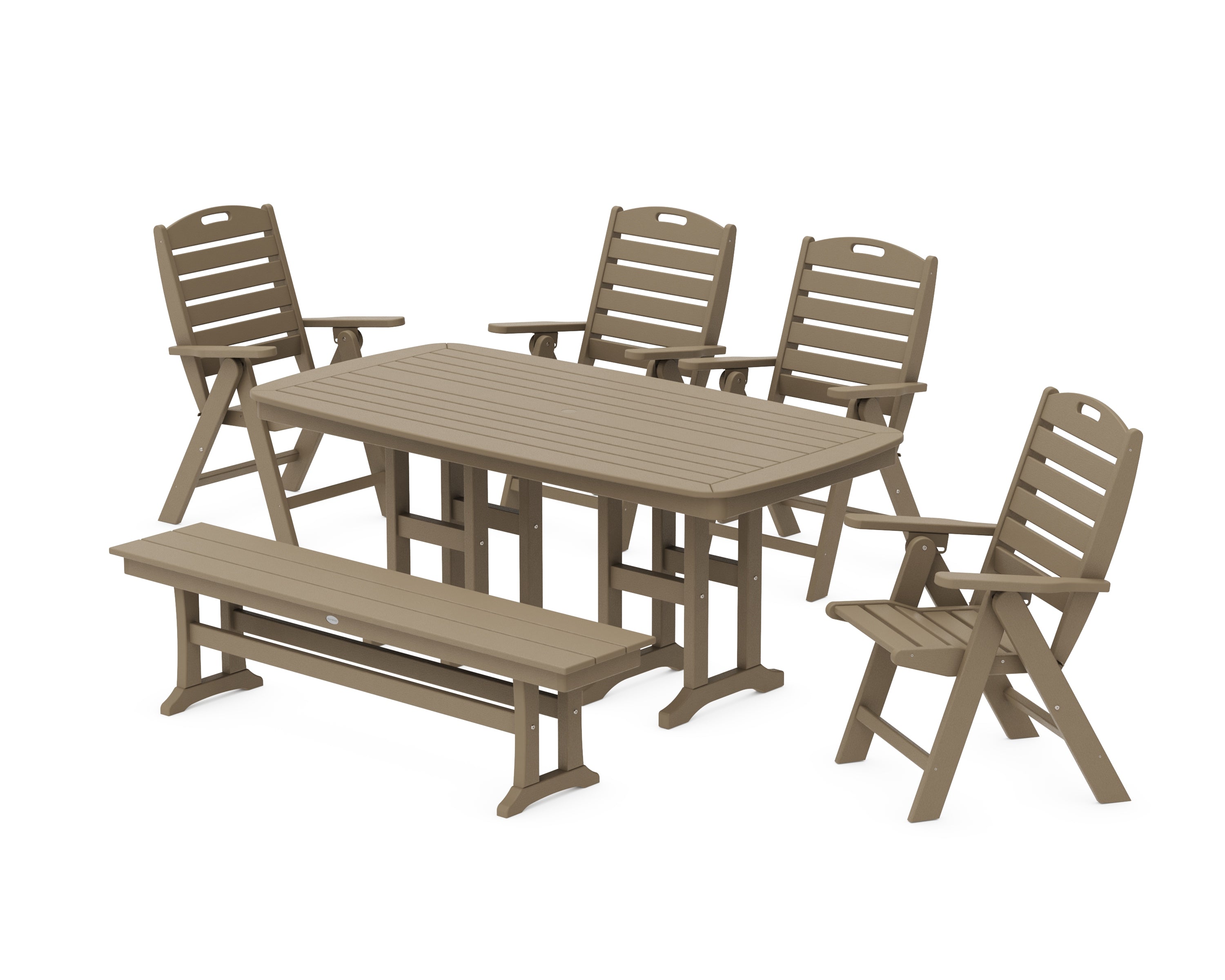 POLYWOOD Nautical Highback 6-Piece Dining Set with Bench in Vintage Sahara