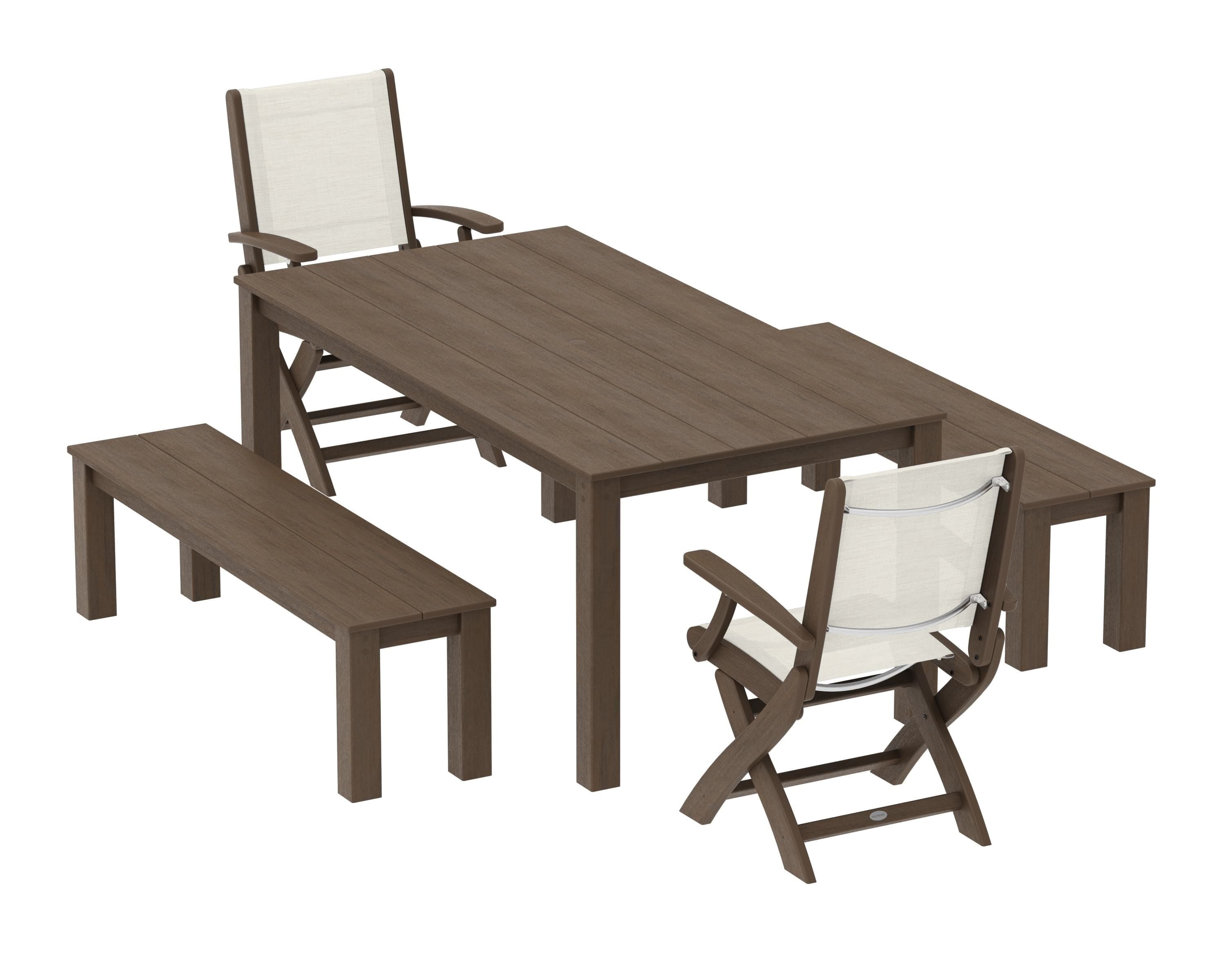 POLYWOOD Coastal Folding Chair 5-Piece Parsons Dining Set with Benches in Kona / Parchment Sling