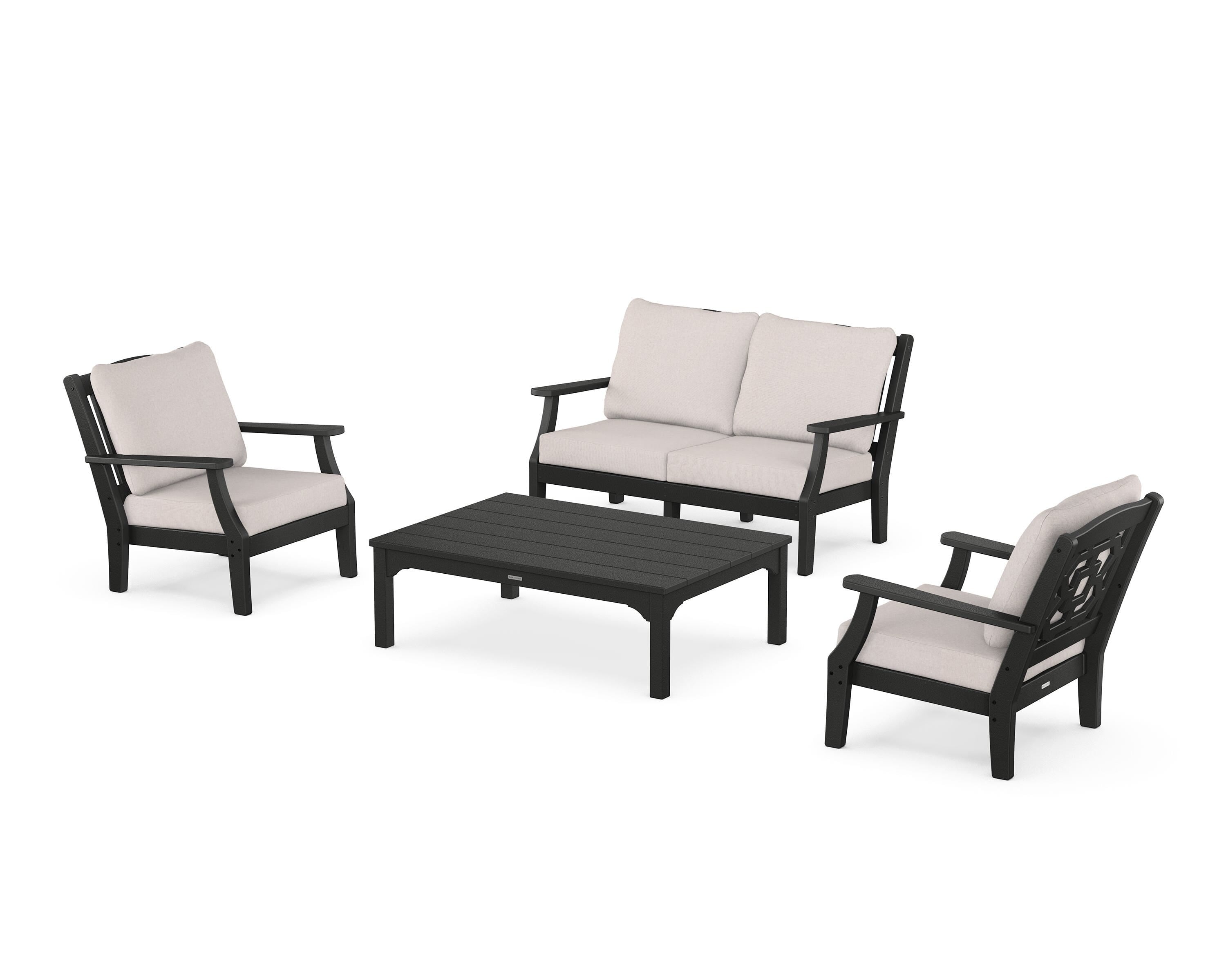 Martha Stewart by POLYWOOD Chinoiserie 4-Piece Deep Seating Set with Loveseat in Black / Dune Burlap