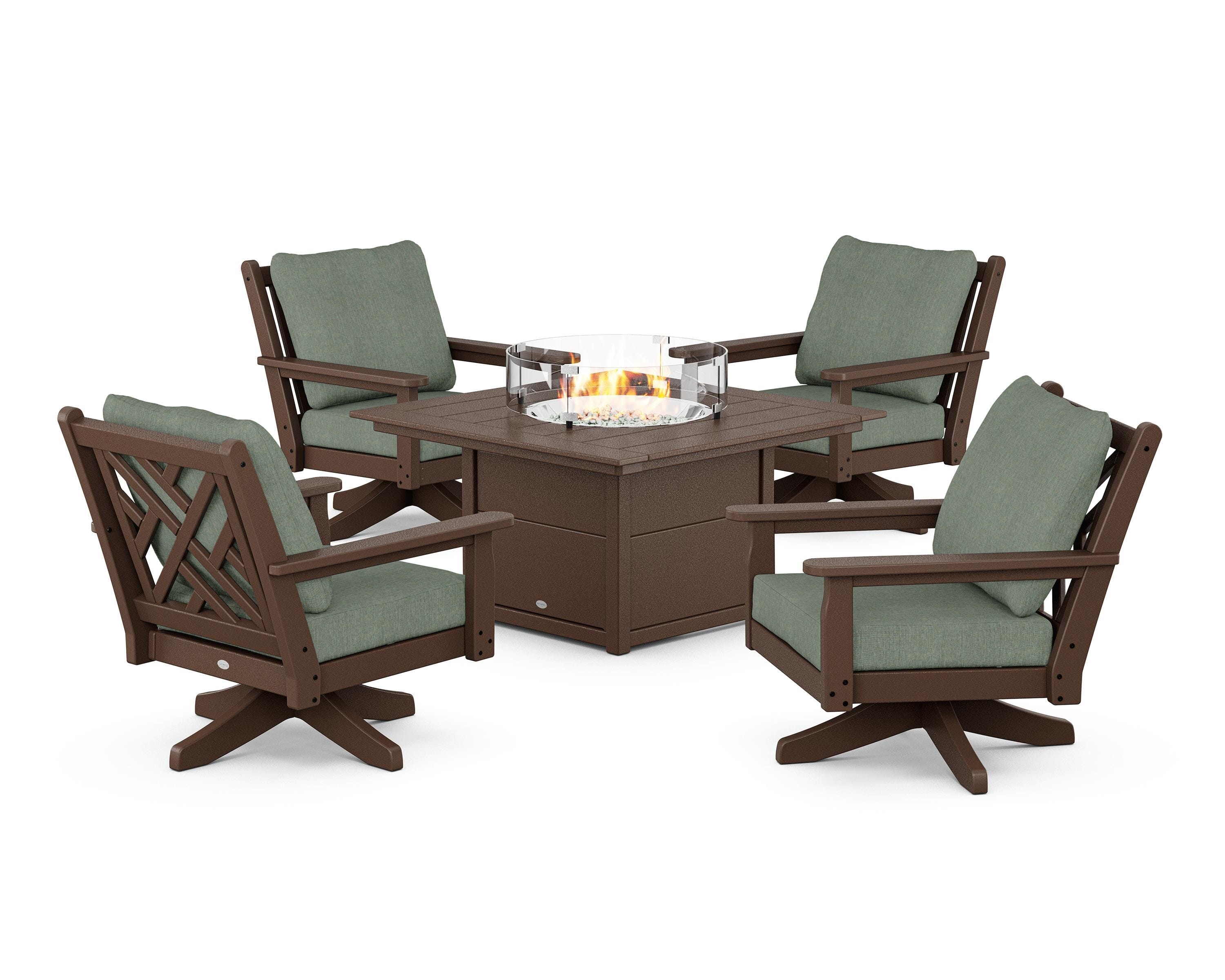 POLYWOOD Chippendale 5-Piece Deep Seating Swivel Conversation Set with Fire Pit Table in Mahogany / Cast Sage