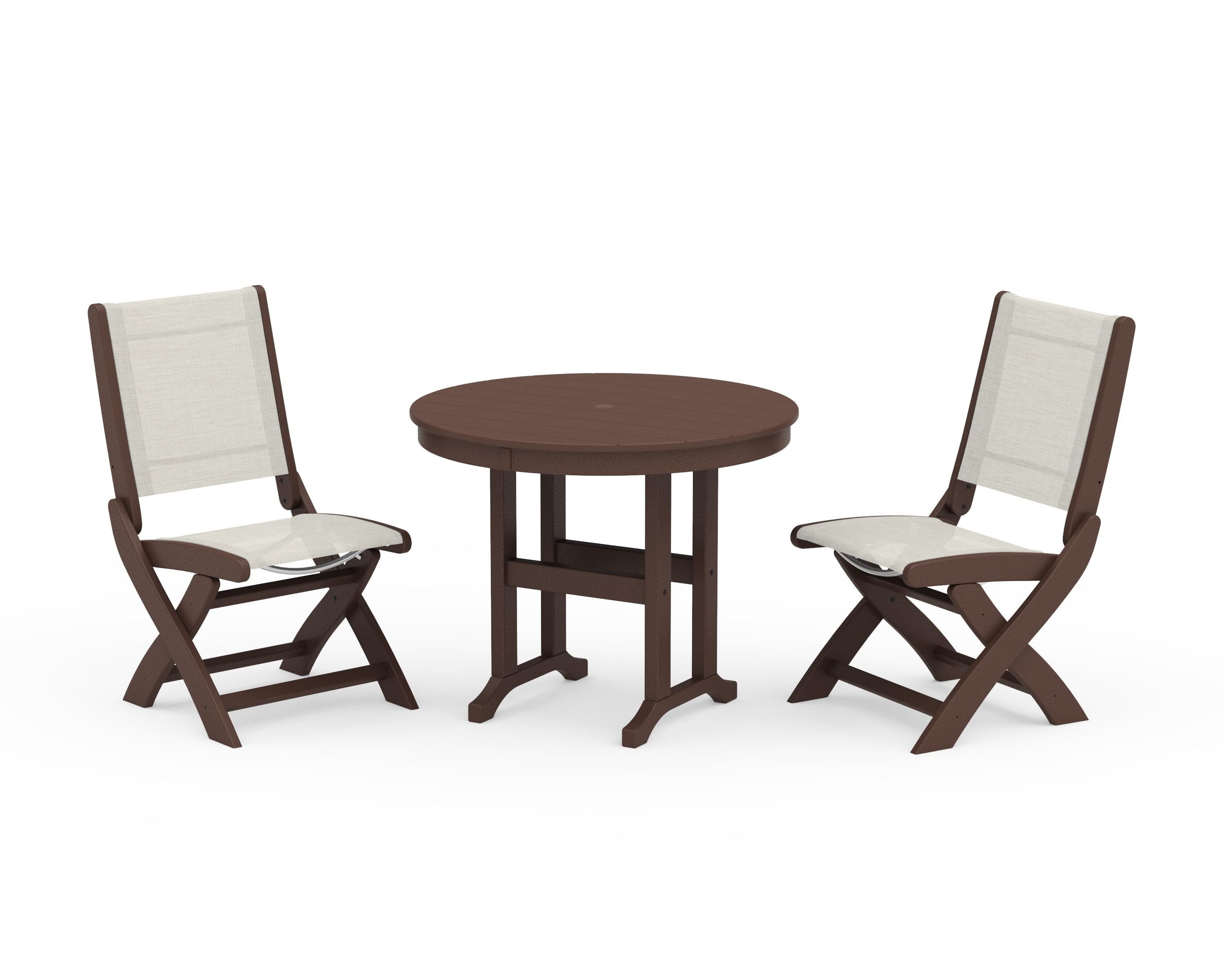 POLYWOOD Coastal Folding Side Chair 3-Piece Round Dining Set in Mahogany / Parchment Sling
