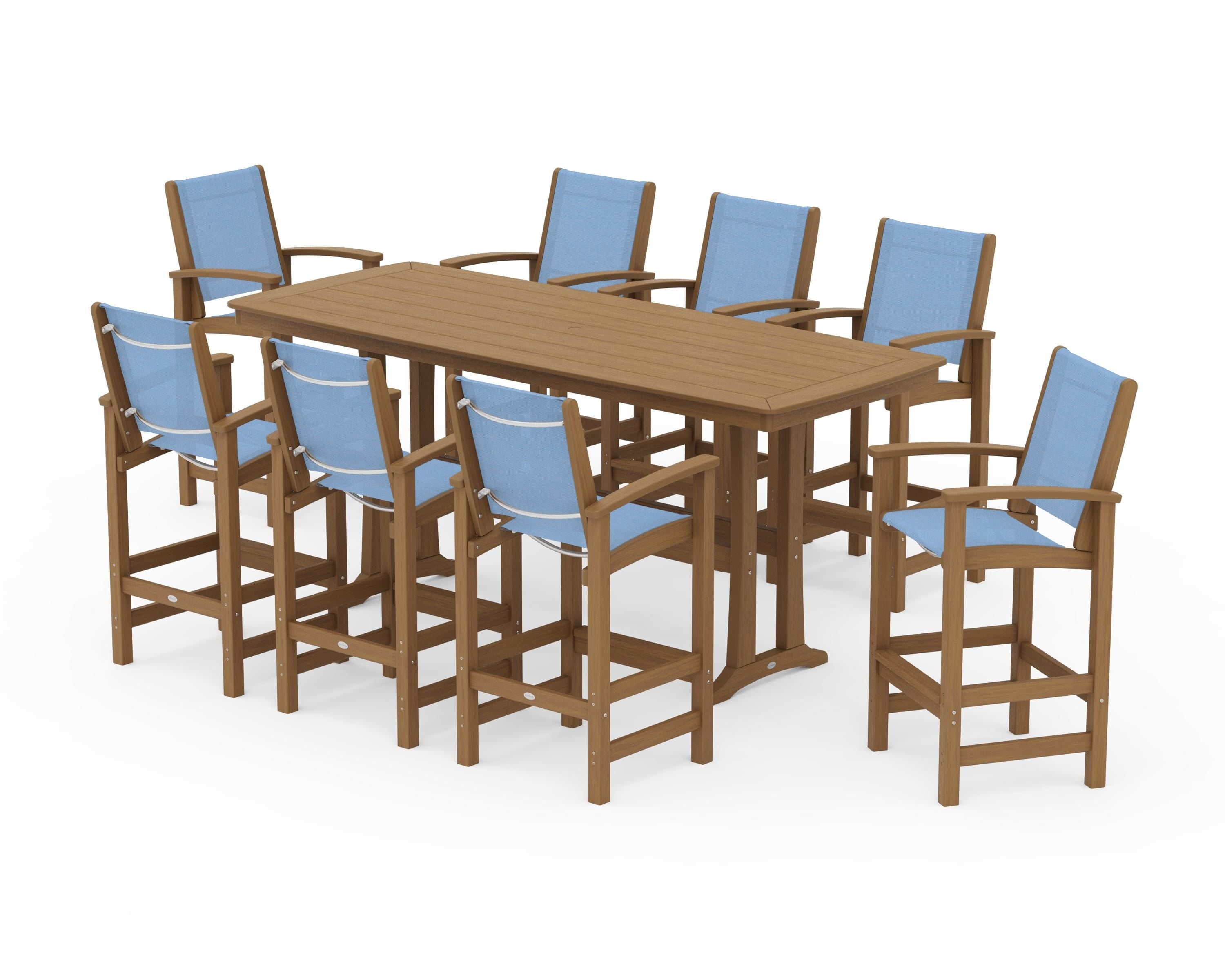 POLYWOOD Coastal 9-Piece Bar Set with Trestle Legs in Natural / Poolside Sling