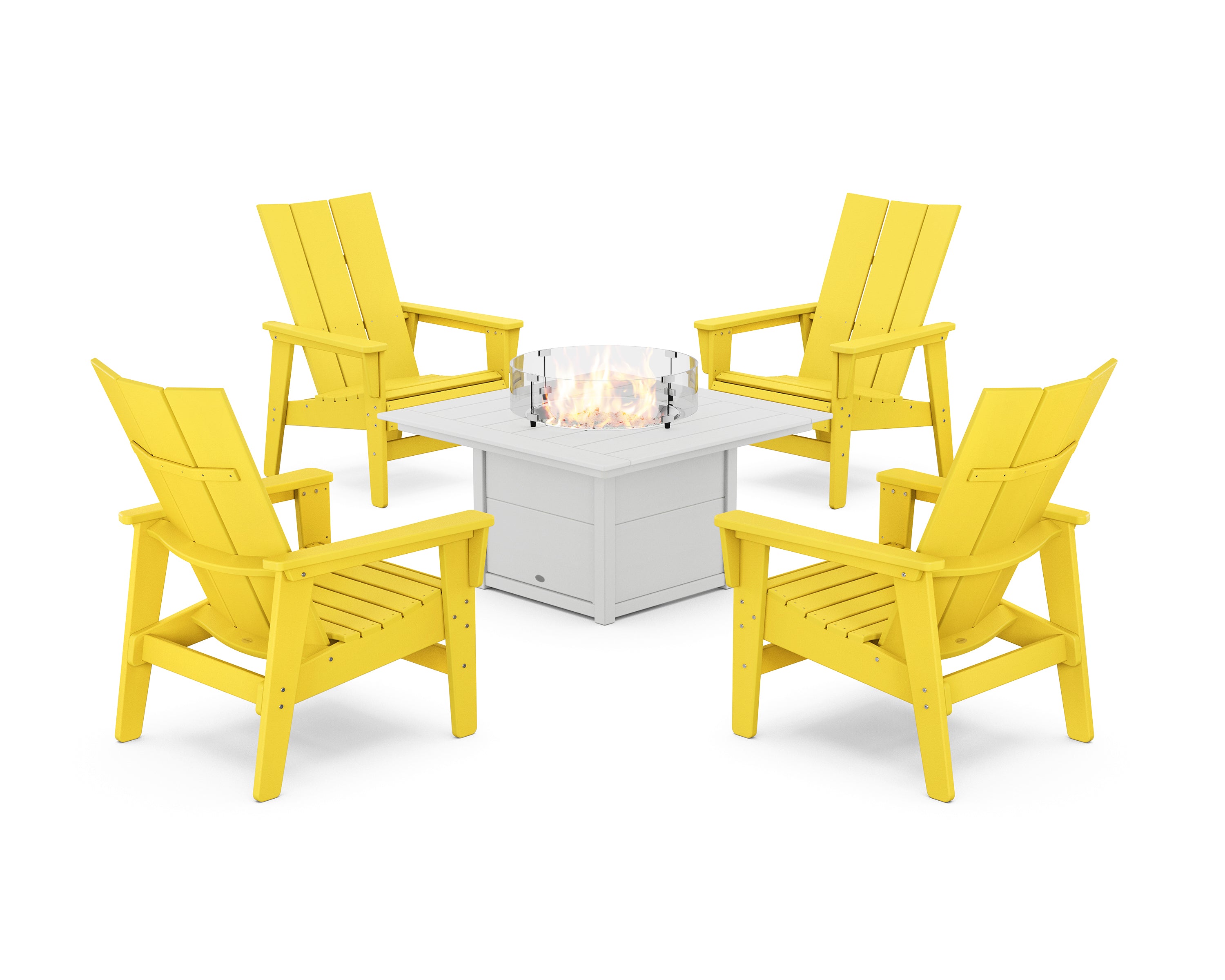 POLYWOOD 5-Piece Modern Grand Upright Adirondack Conversation Set with Fire Pit Table in Lemon / White