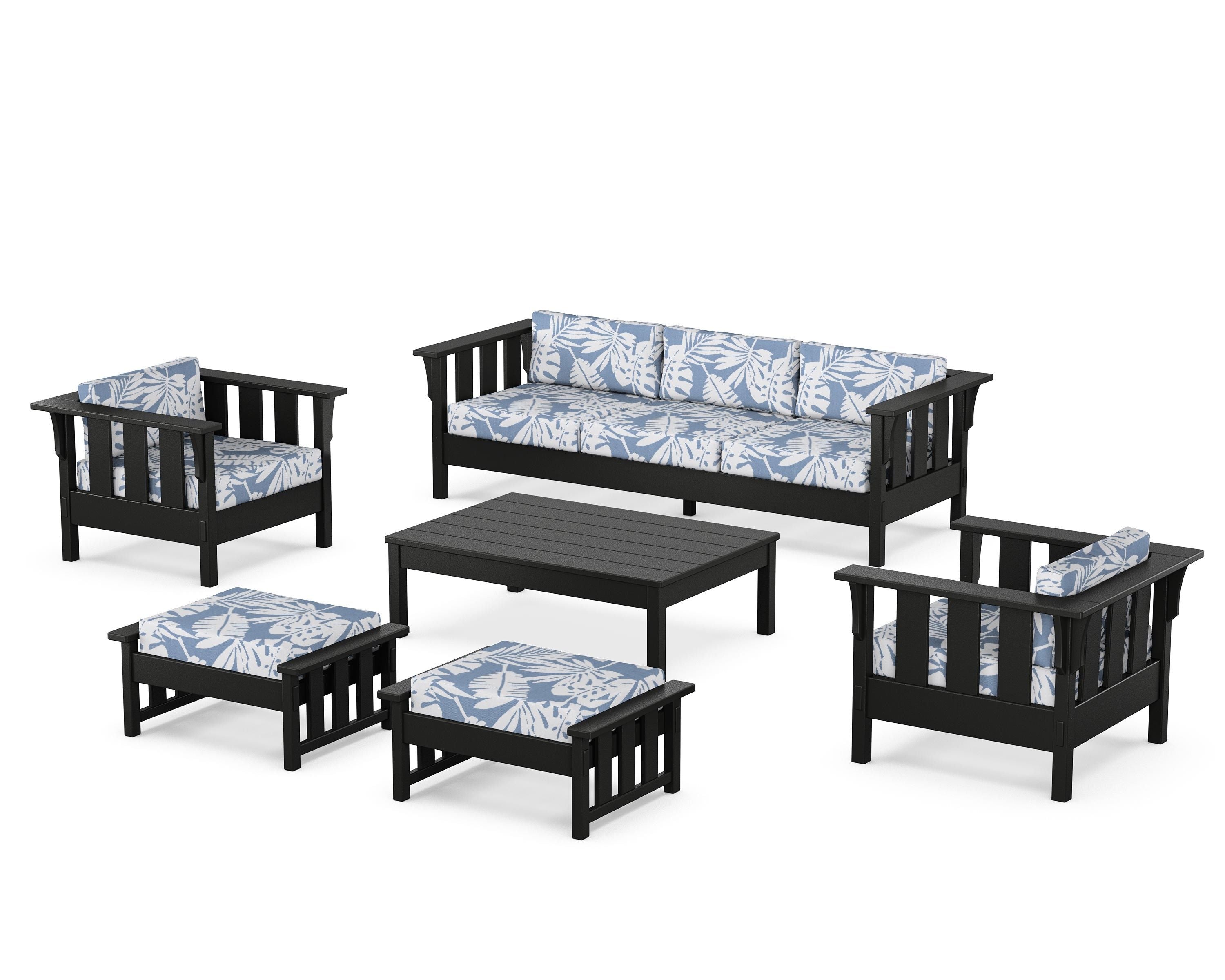 Martha Stewart by POLYWOOD Acadia 6-Piece Lounge Sofa Set in Black / Leaf Sky Blue