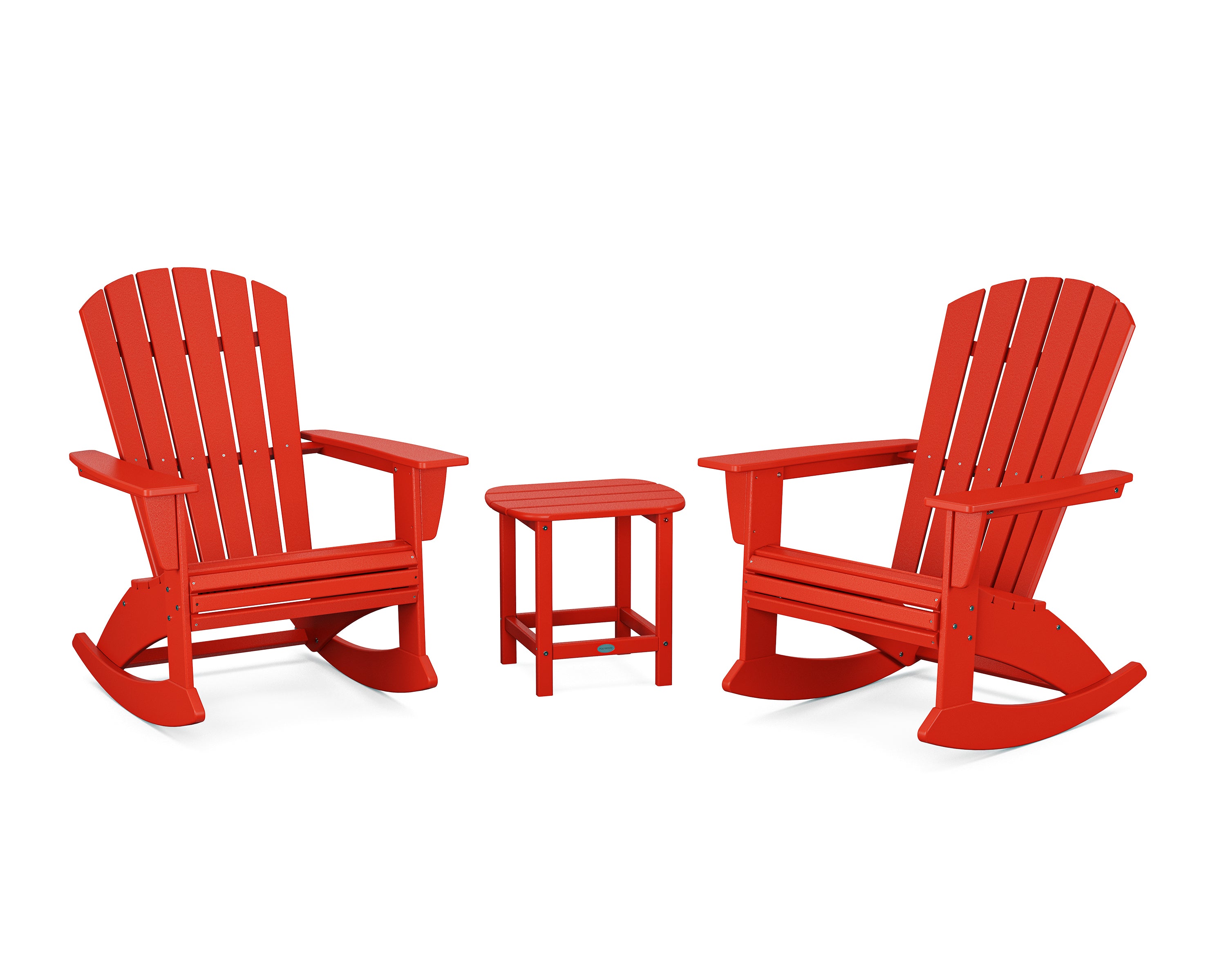 POLYWOOD Nautical Curveback 3-Piece Adirondack Rocking Chair Set in Sunset Red