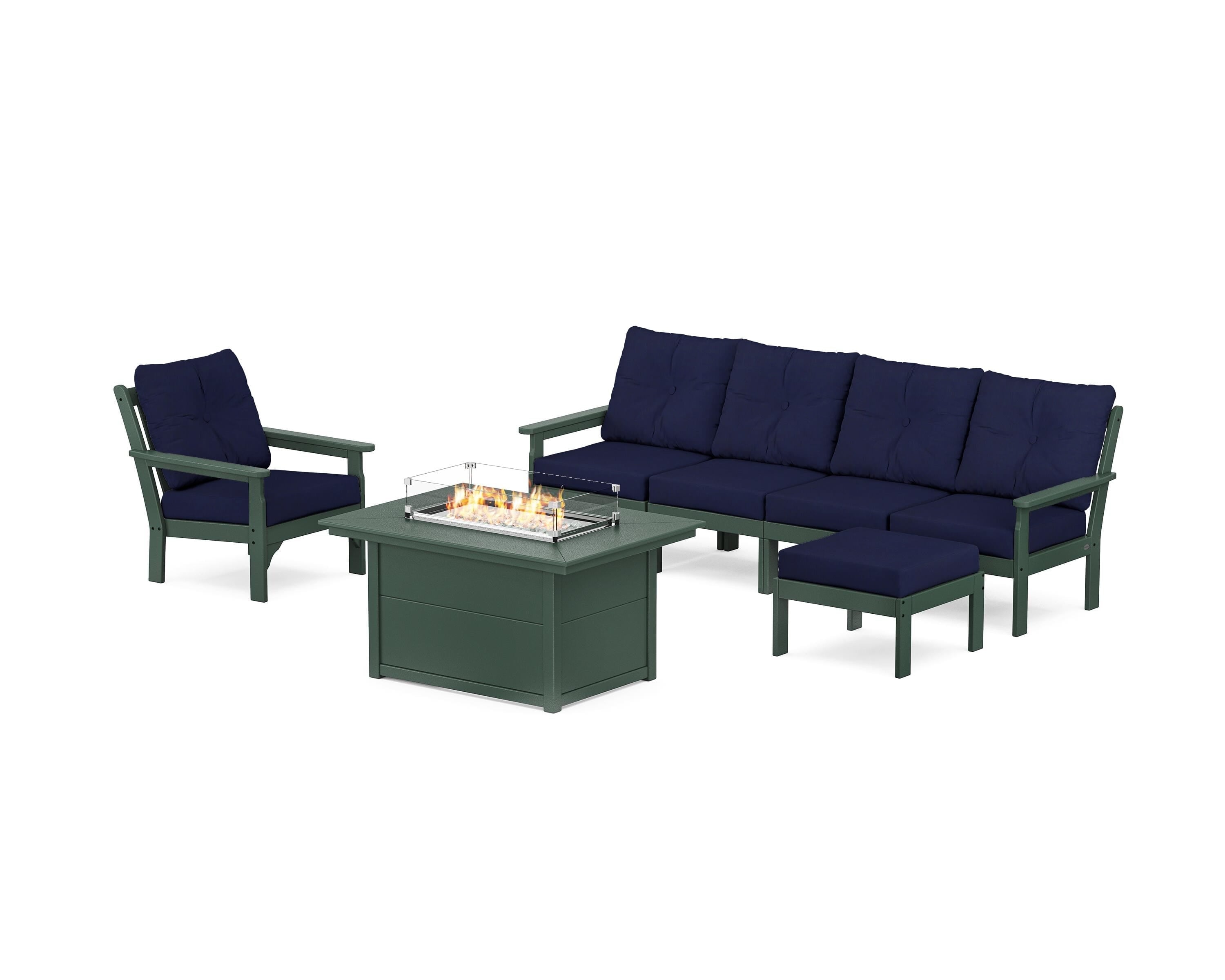 POLYWOOD Vineyard Sectional Lounge and Fire Pit Set in Green / Navy