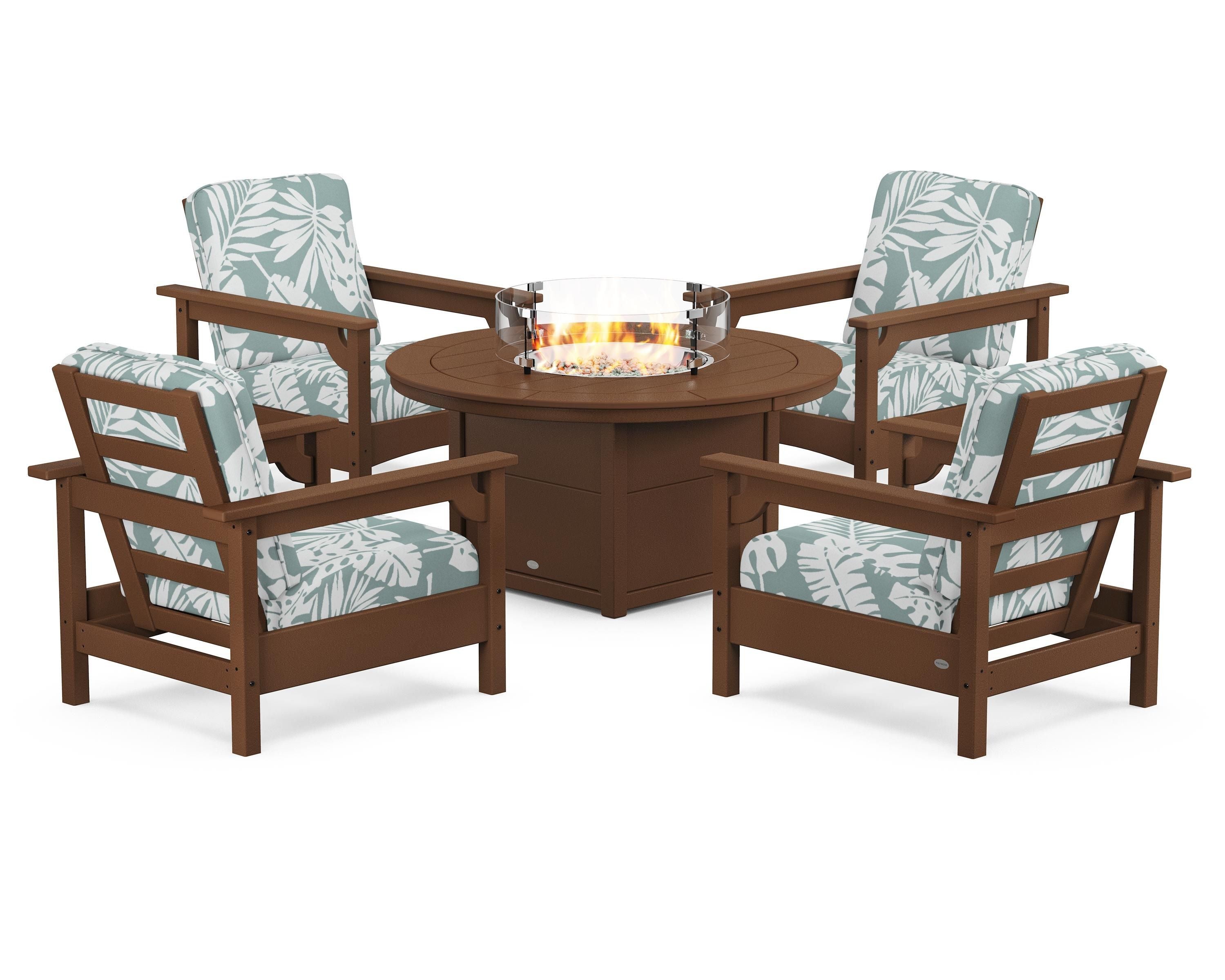 POLYWOOD Club 5-Piece Conversation Set with Fire Pit Table in Teak / Leaf Glacier Spa