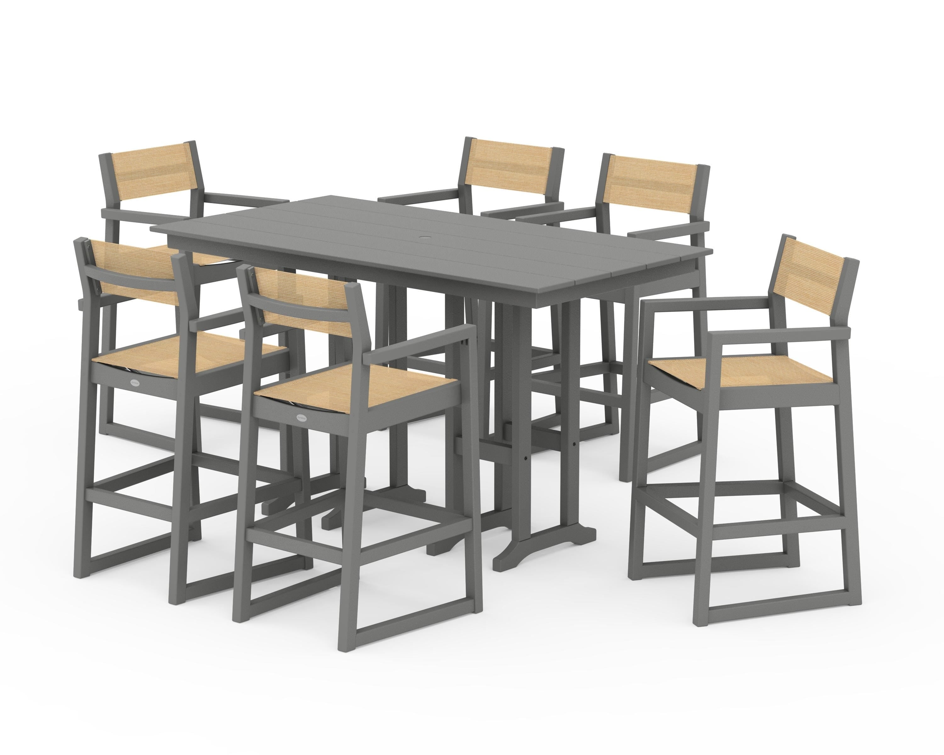 POLYWOOD EDGE Sling Arm Chair 7-Piece Farmhouse Bar Set in Slate Grey / Dupioni Apricot Sling