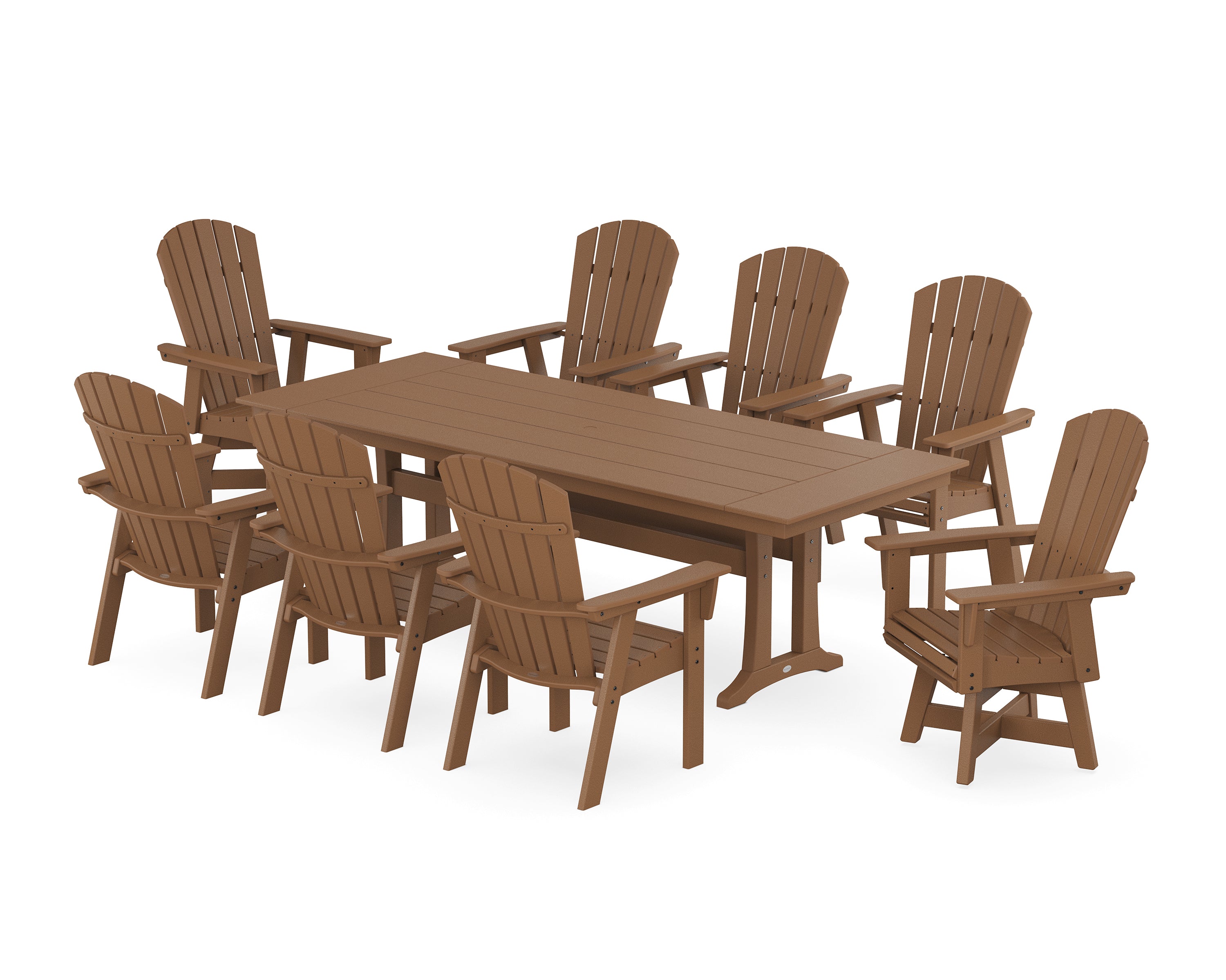 POLYWOOD® Nautical Curveback Adirondack Swivel 9-Piece Farmhouse Dining Set with Trestle Legs in Teak