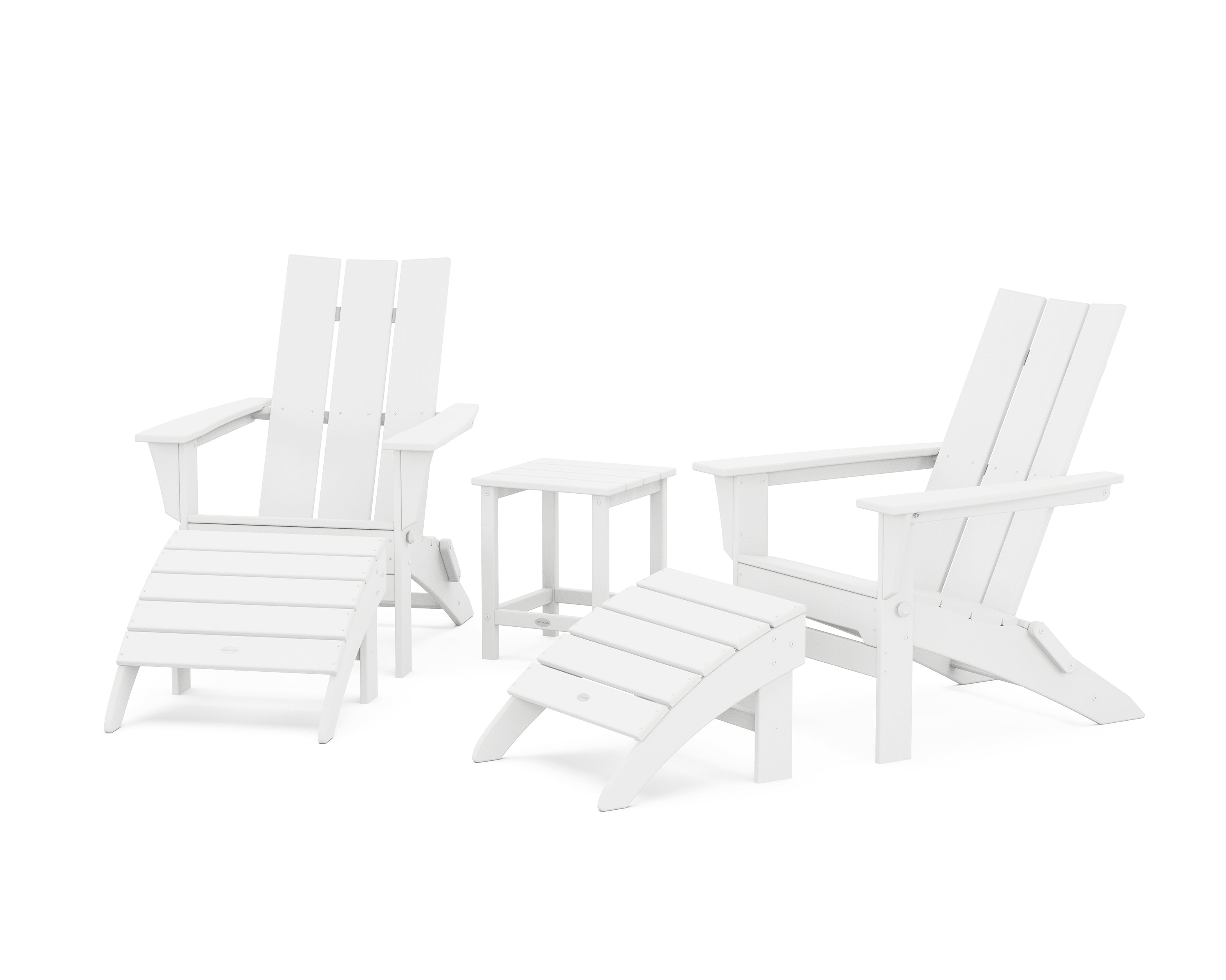 POLYWOOD Modern Folding Adirondack Chair 5-Piece Set with Ottomans and 18" Side Table in White