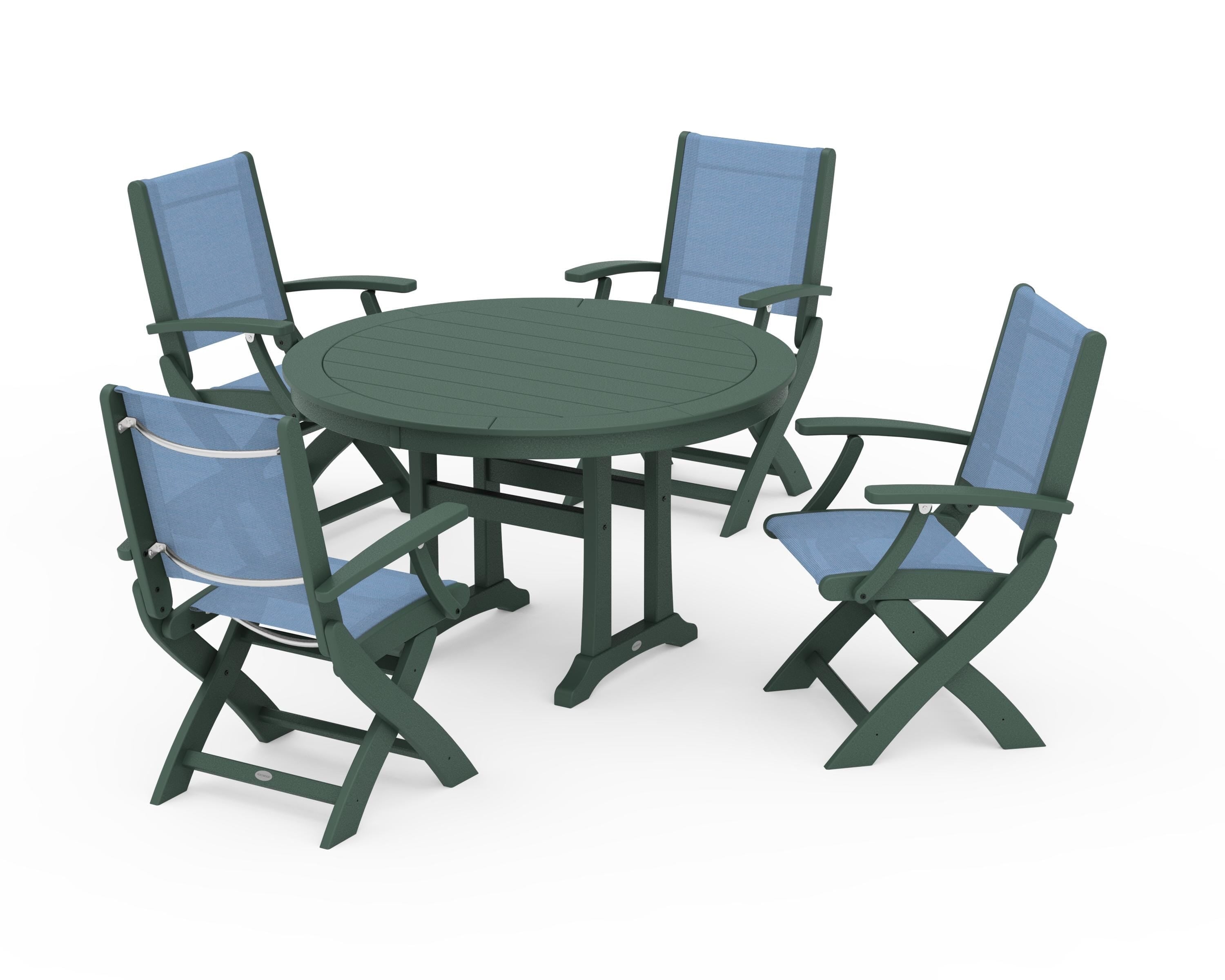 POLYWOOD Coastal Folding Chair 5-Piece Round Dining Set with Trestle Legs in Green / Poolside Sling