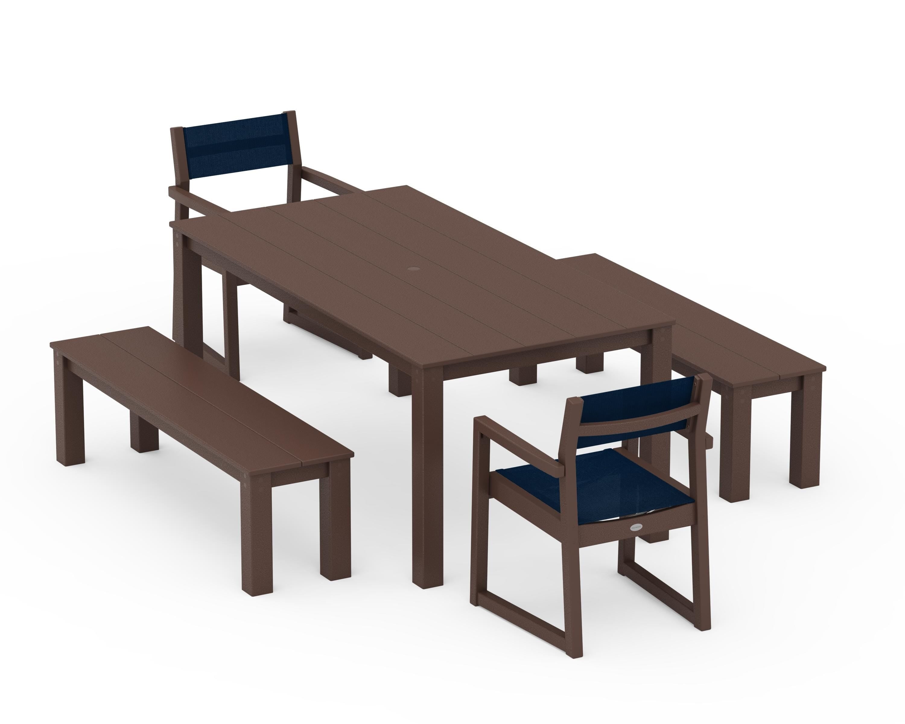 POLYWOOD EDGE Sling Arm Chair 5-Piece Parsons Dining Set with Benches in Mahogany / Navy Blue Sling