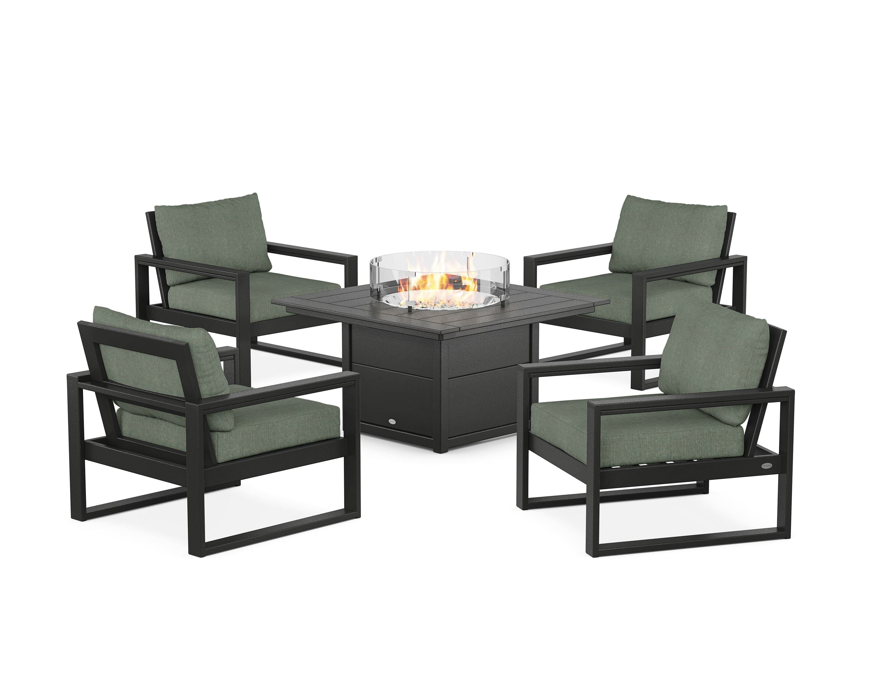 POLYWOOD EDGE Sectional 5-Piece Deep Seating Set with Fire Pit Table in Black / Cast Sage