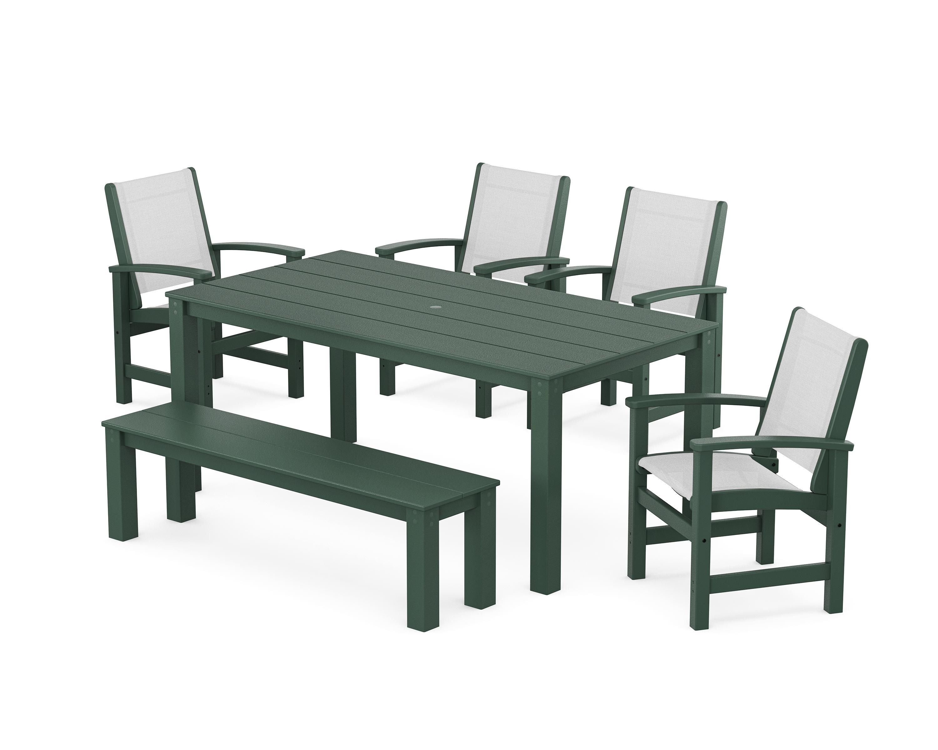 POLYWOOD Coastal 6-Piece Parsons Dining Set with Bench in Green / White Sling