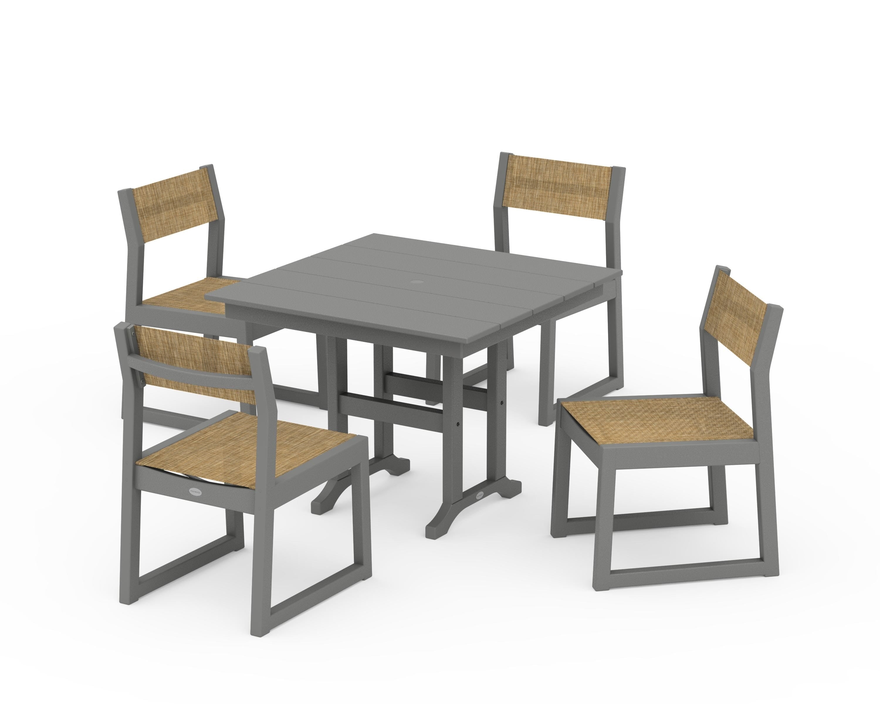 POLYWOOD EDGE Sling Side Chair 5-Piece Farmhouse Dining Set in Slate Grey / Burlap Sling
