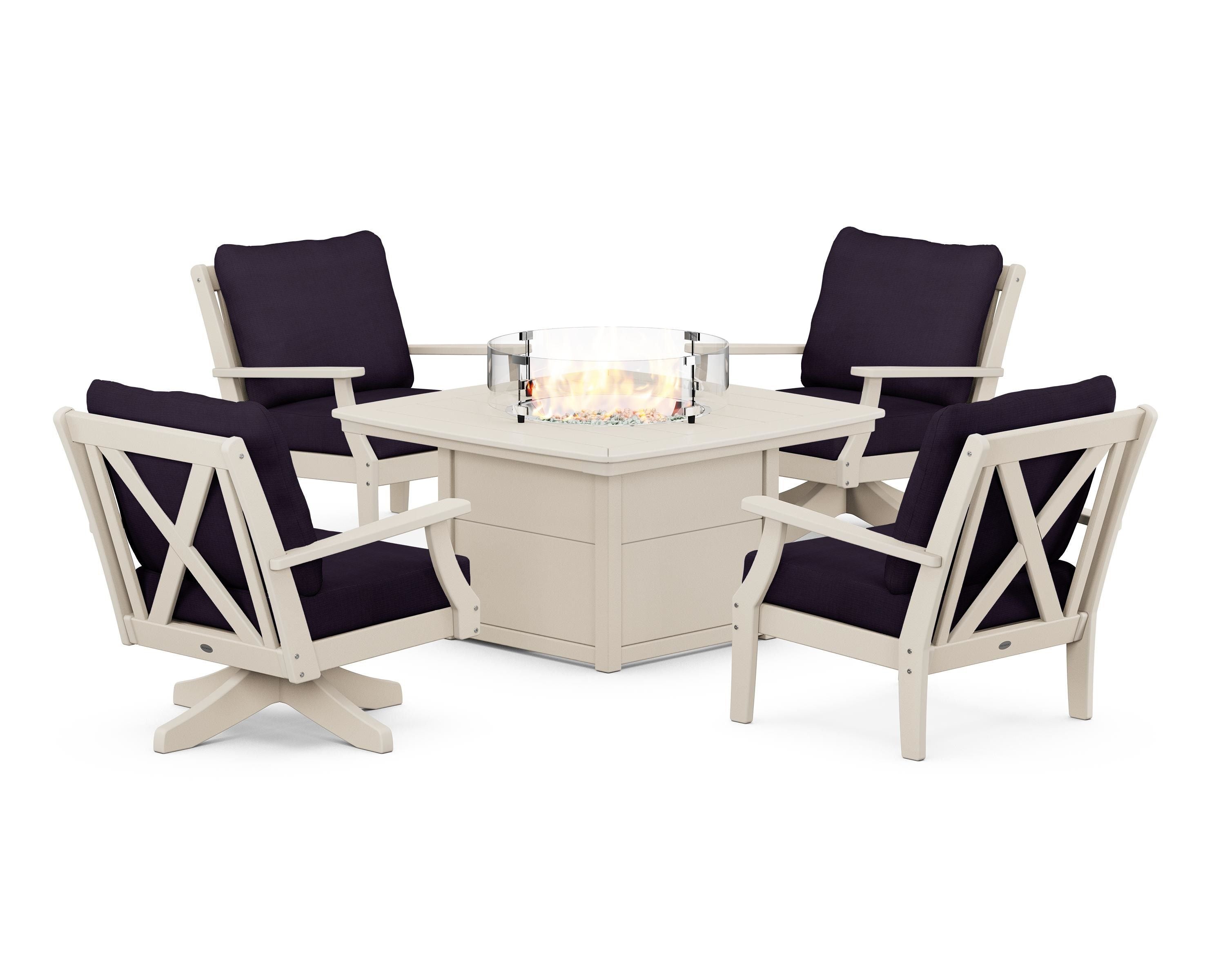 POLYWOOD Braxton 5-Piece Deep Seating Set with Fire Table in Sand / Navy Linen