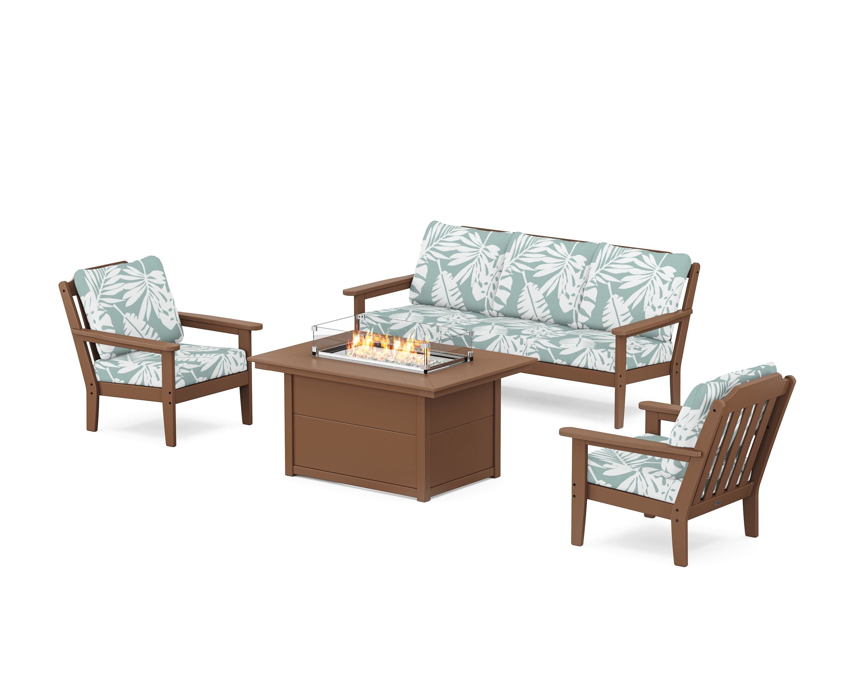 Country Living Cottage Deep Seating Fire Pit Table Set in Teak / Leaf Glacier Spa