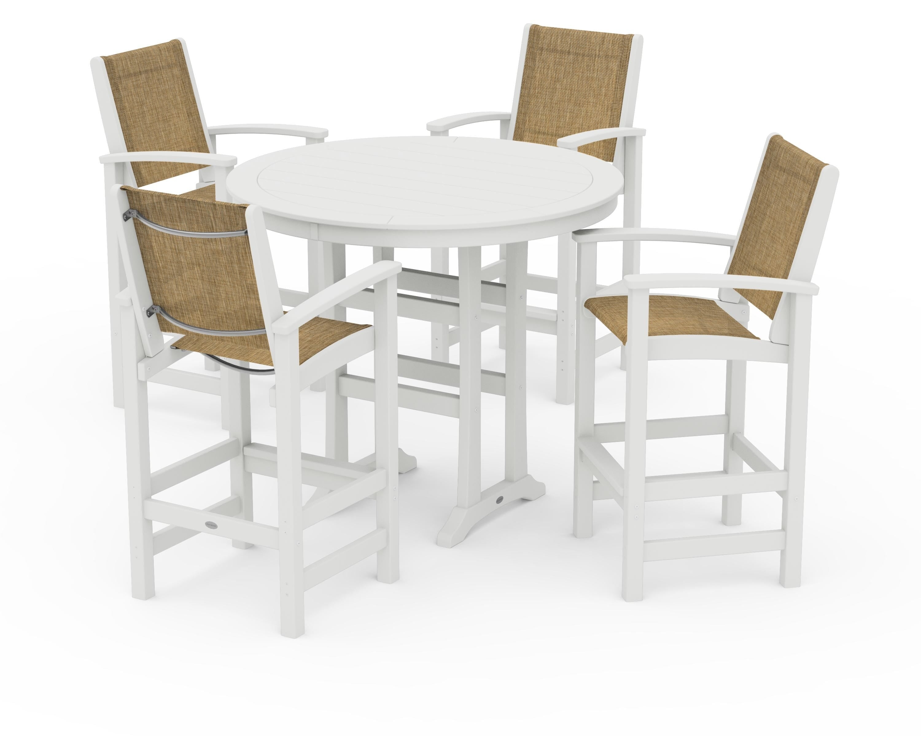 POLYWOOD Coastal 5-Piece Nautical Trestle Bar Set in Vintage White / Burlap Sling
