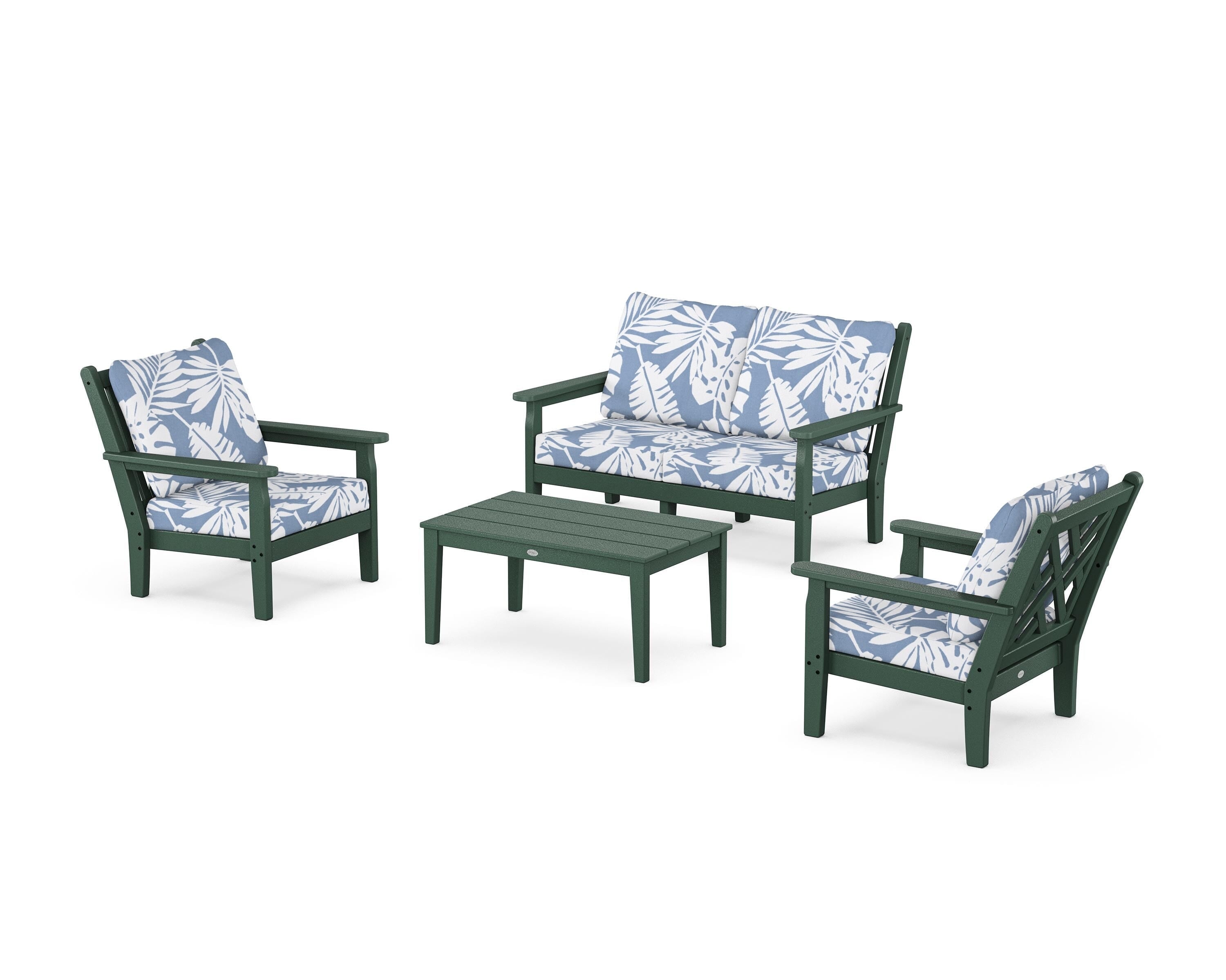 POLYWOOD Chippendale 4-Piece Deep Seating Set with Loveseat in Green / Leaf Sky Blue