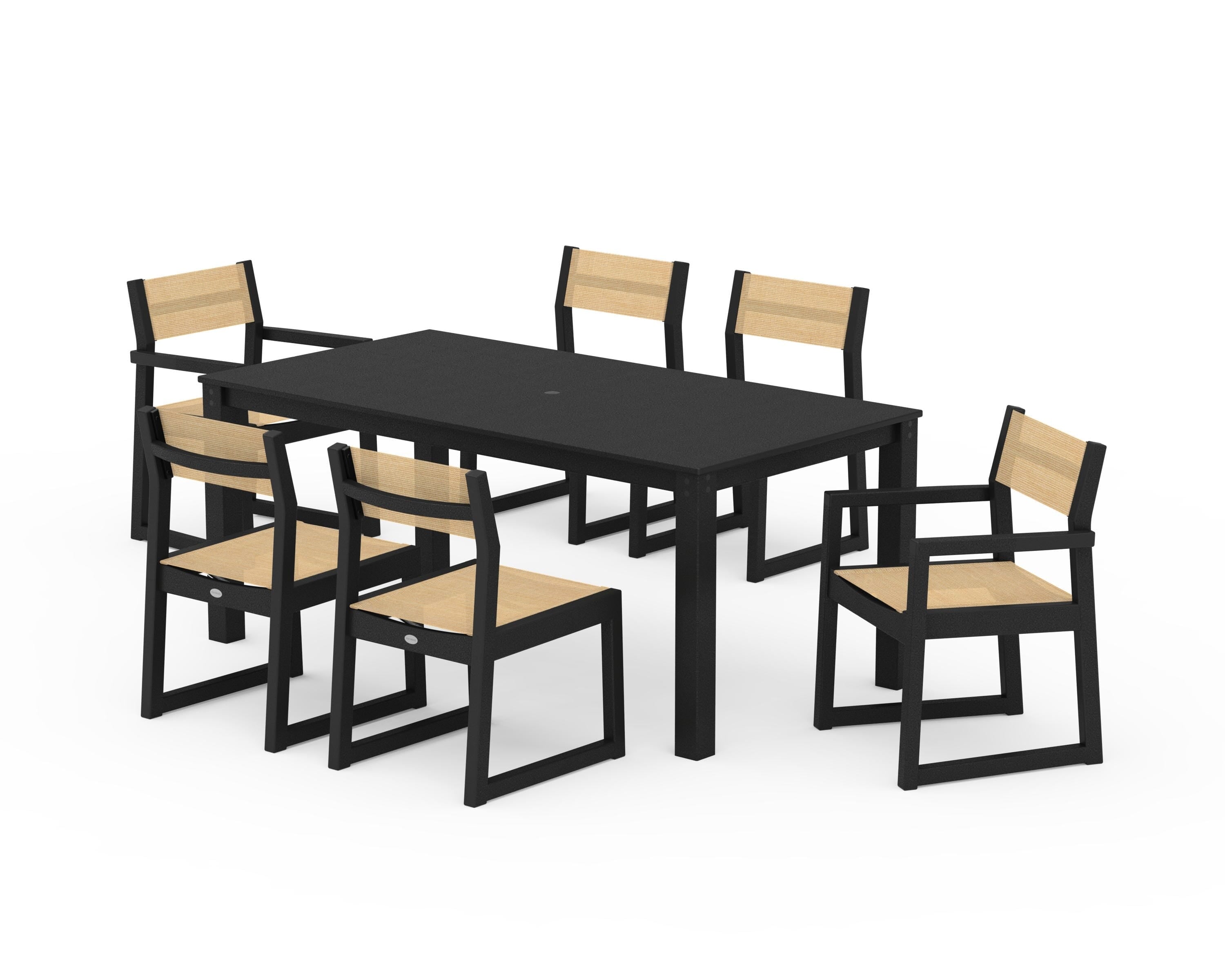POLYWOOD EDGE Sling 7-Piece Parsons Dining Set in Black / Dupioni Apricot Sling