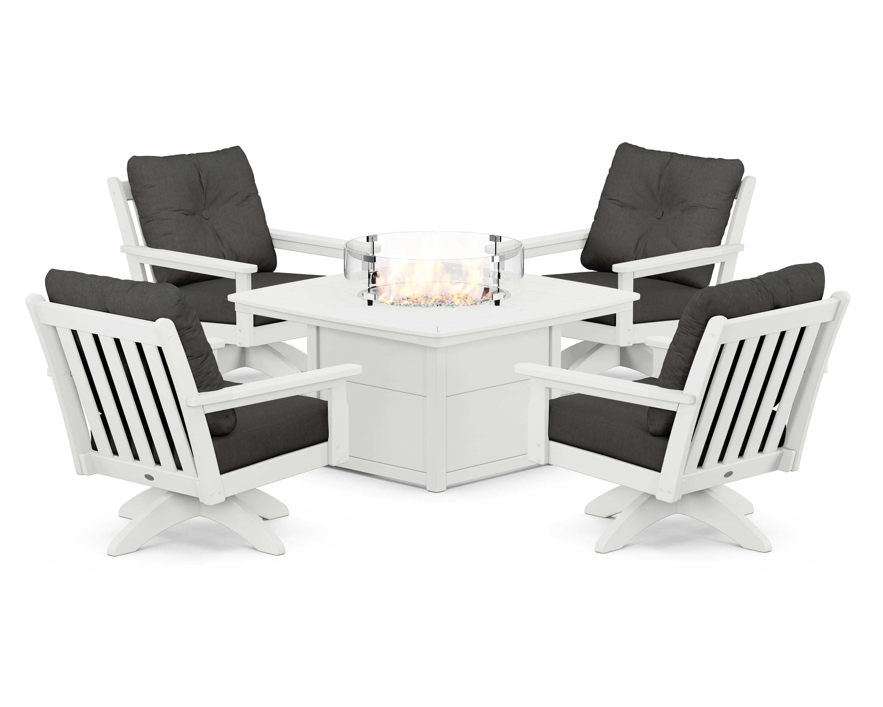 POLYWOOD Vineyard 5-Piece Deep Seating Swivel Conversation Set with Fire Pit Table in White / Spectrum Carbon