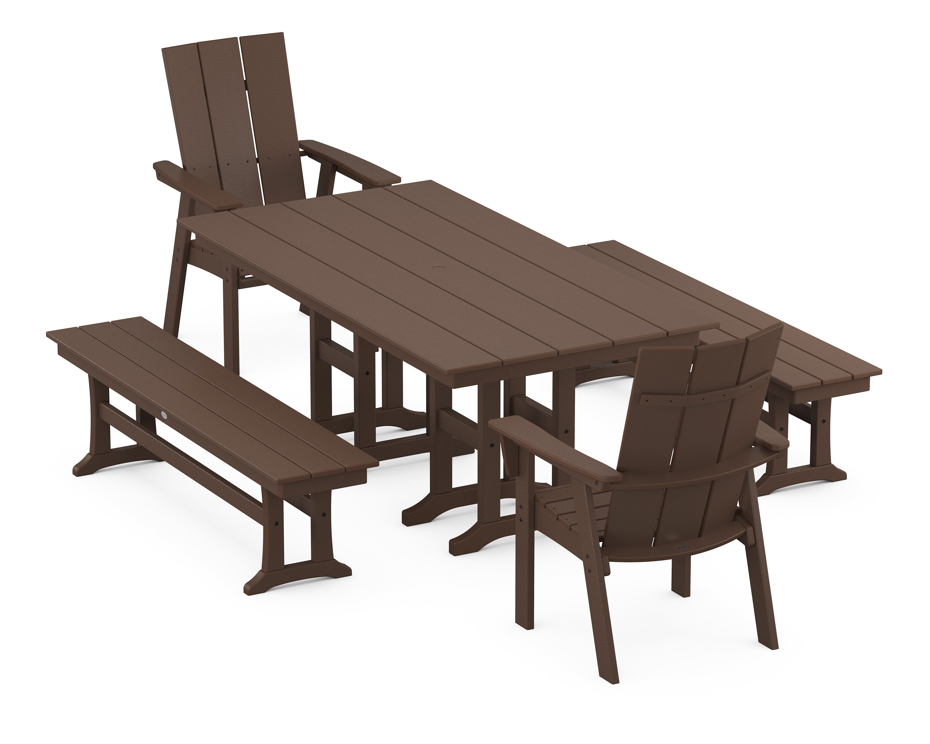 POLYWOOD® Modern Curveback Adirondack 5-Piece Farmhouse Dining Set with Benches in Mahogany