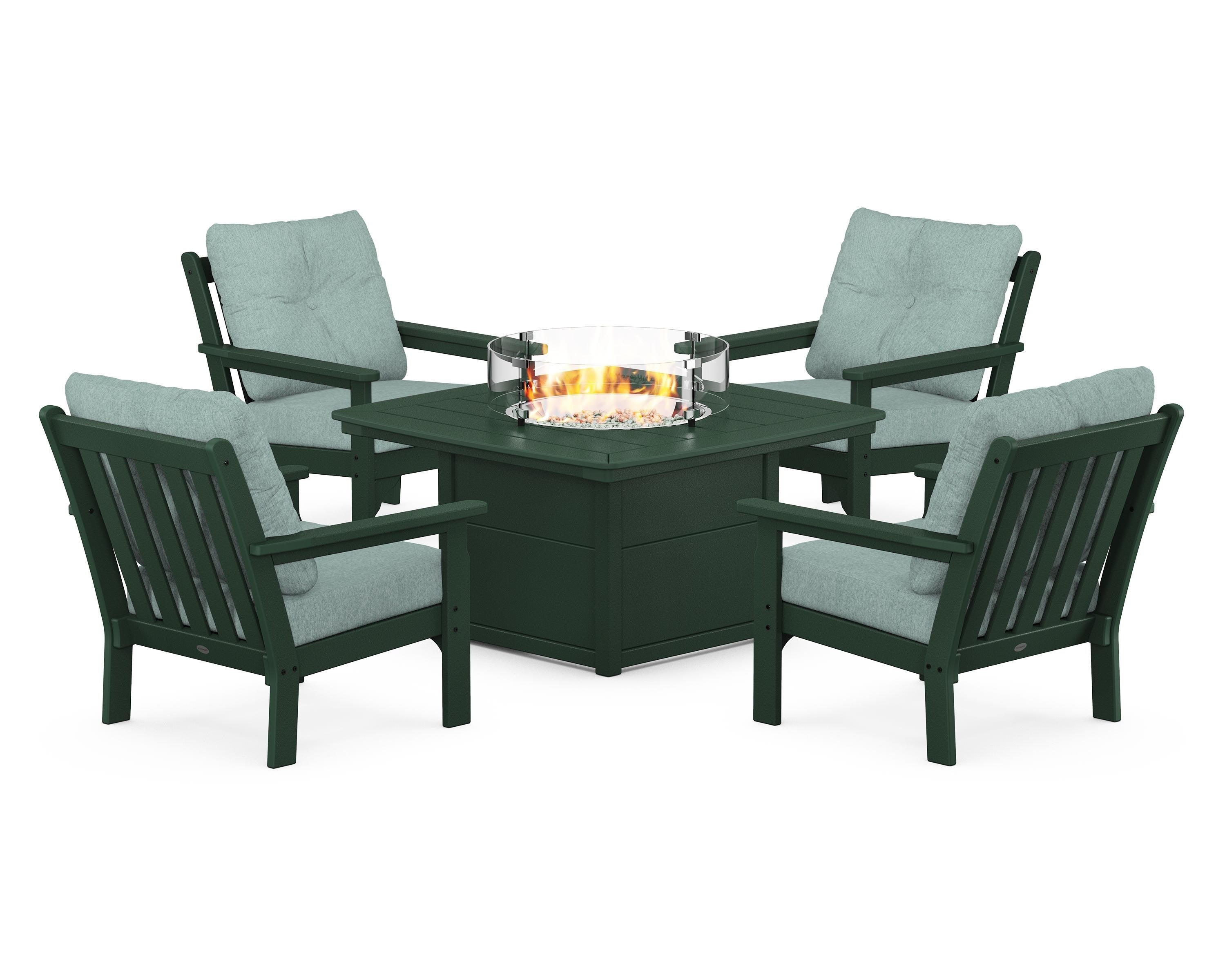 POLYWOOD Vineyard 5-Piece Conversation Set with Fire Pit Table in Green / Glacier Spa