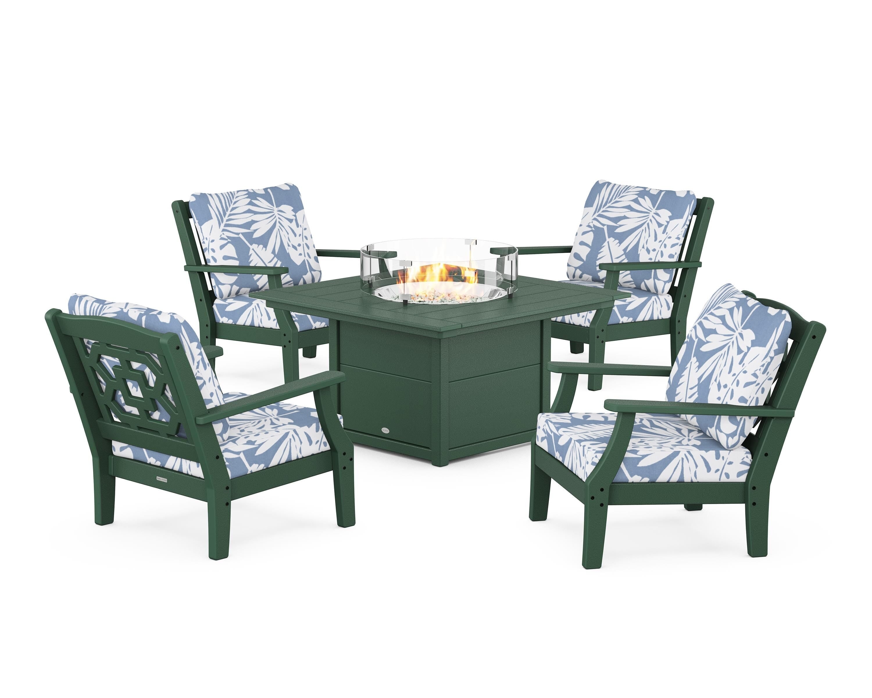 Martha Stewart by POLYWOOD Chinoiserie 5-Piece Deep Seating Set with Fire Pit Table in Green / Leaf Sky Blue