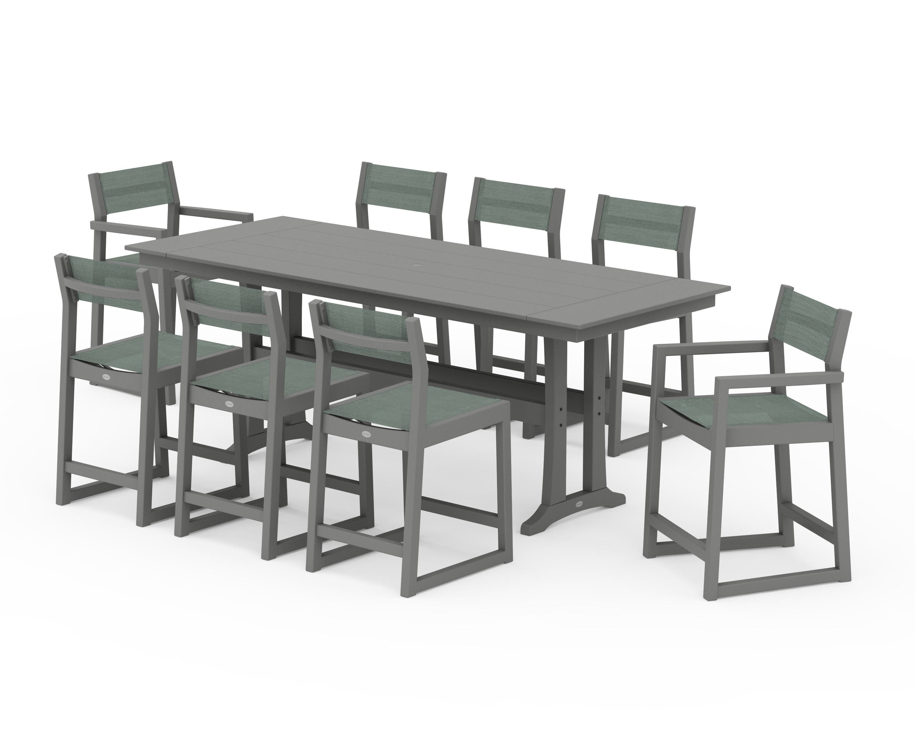 POLYWOOD EDGE Sling 9-Piece Farmhouse Counter Set with Trestle Legs in Slate Grey / Dupioni Sea Mist Sling