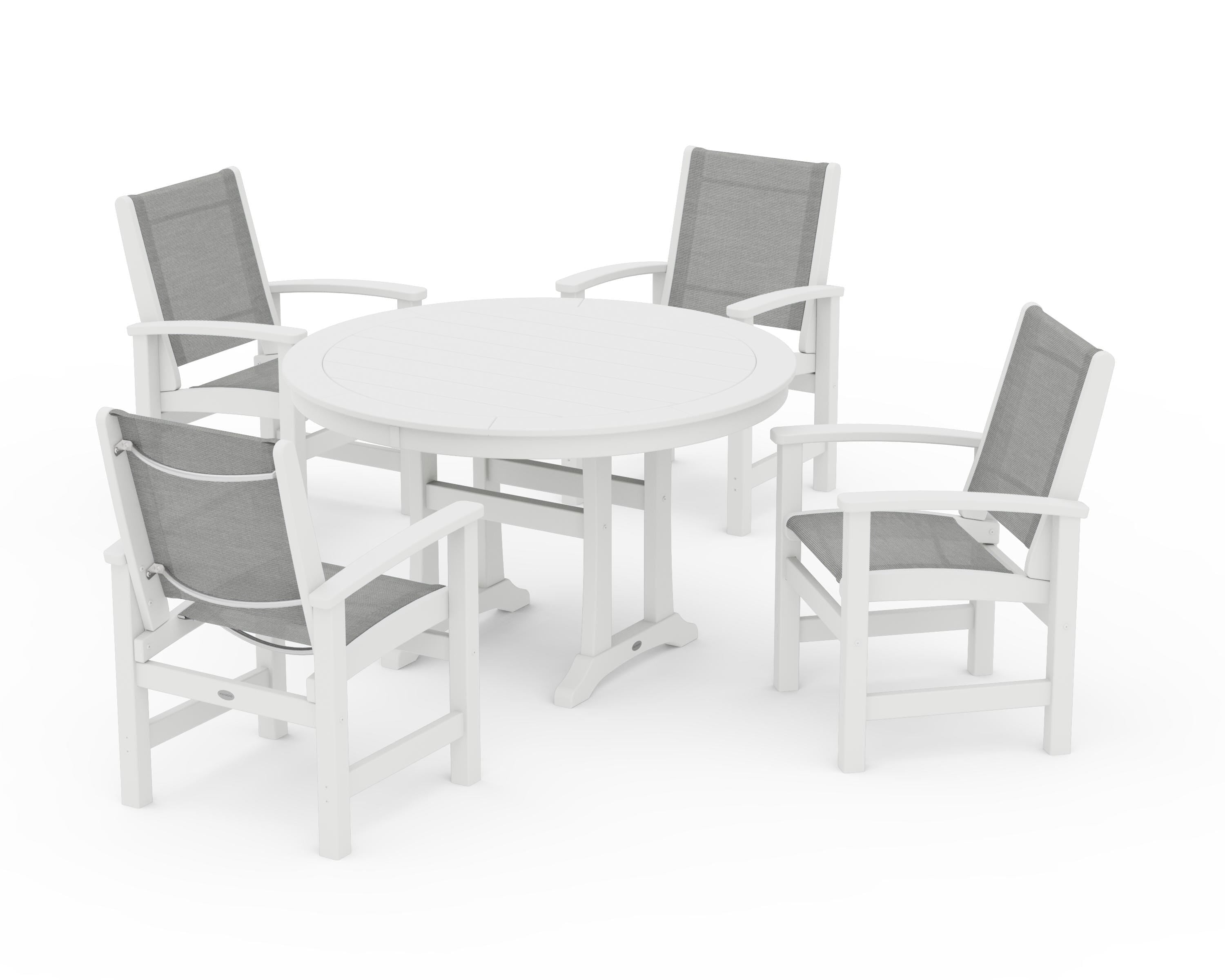 POLYWOOD Coastal 5-Piece Round Dining Set with Trestle Legs in White / Metallic Sling