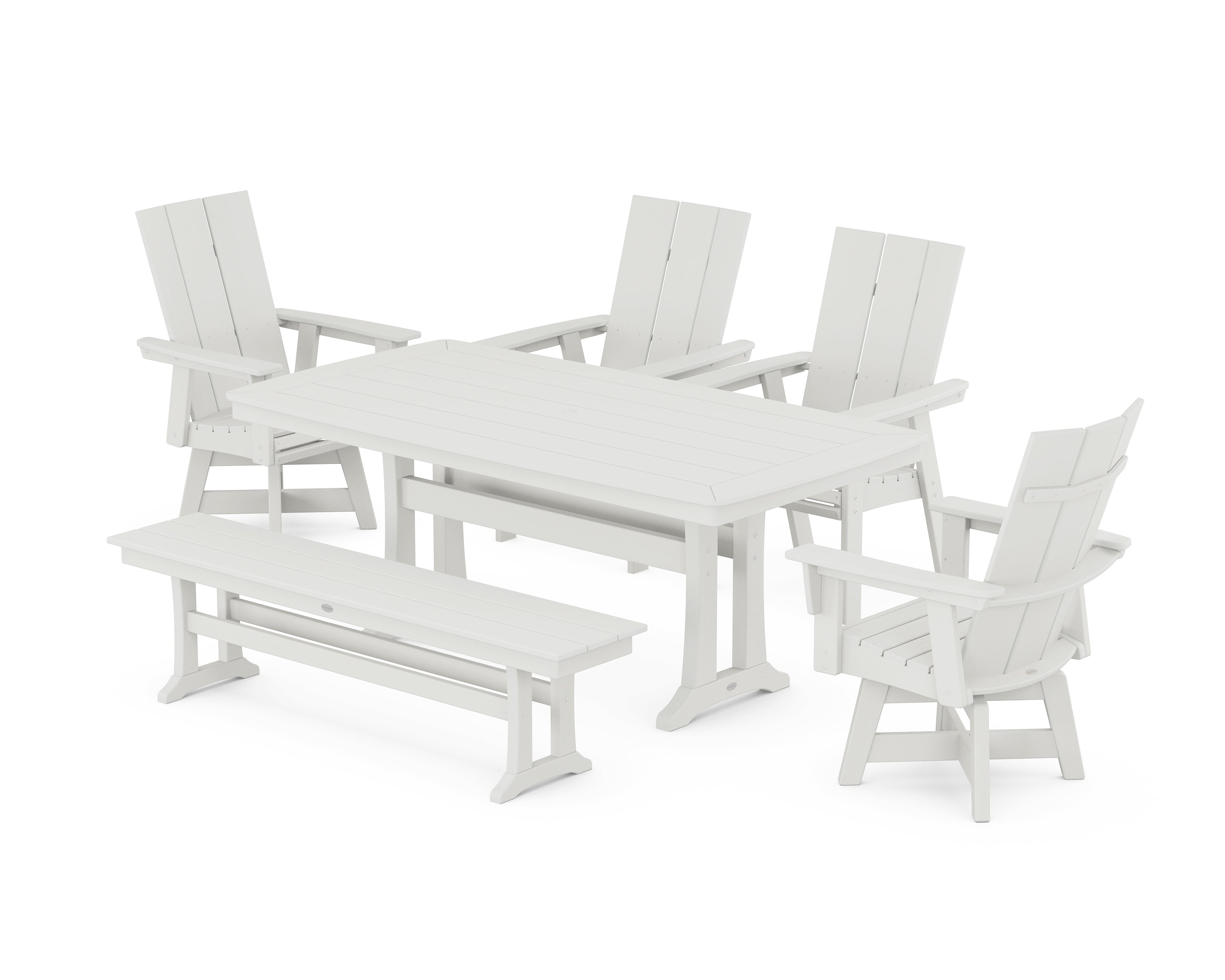 POLYWOOD® Modern Curveback Adirondack Swivel Chair 6-Piece Dining Set with Trestle Legs and Bench in Vintage White