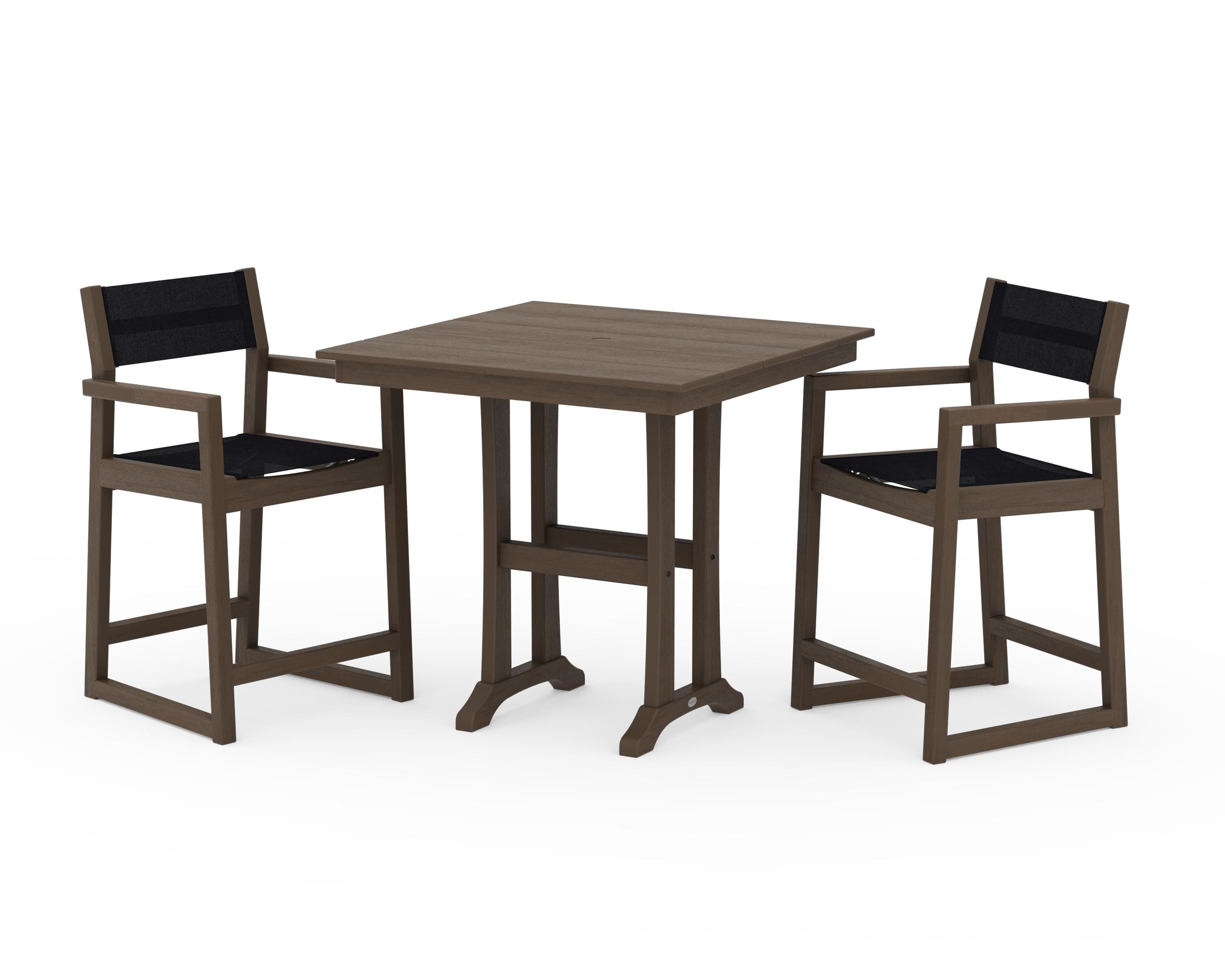 POLYWOOD EDGE Sling Arm Chair 3-Piece Farmhouse Counter Set with Trestle Legs in Kona / Black Sling