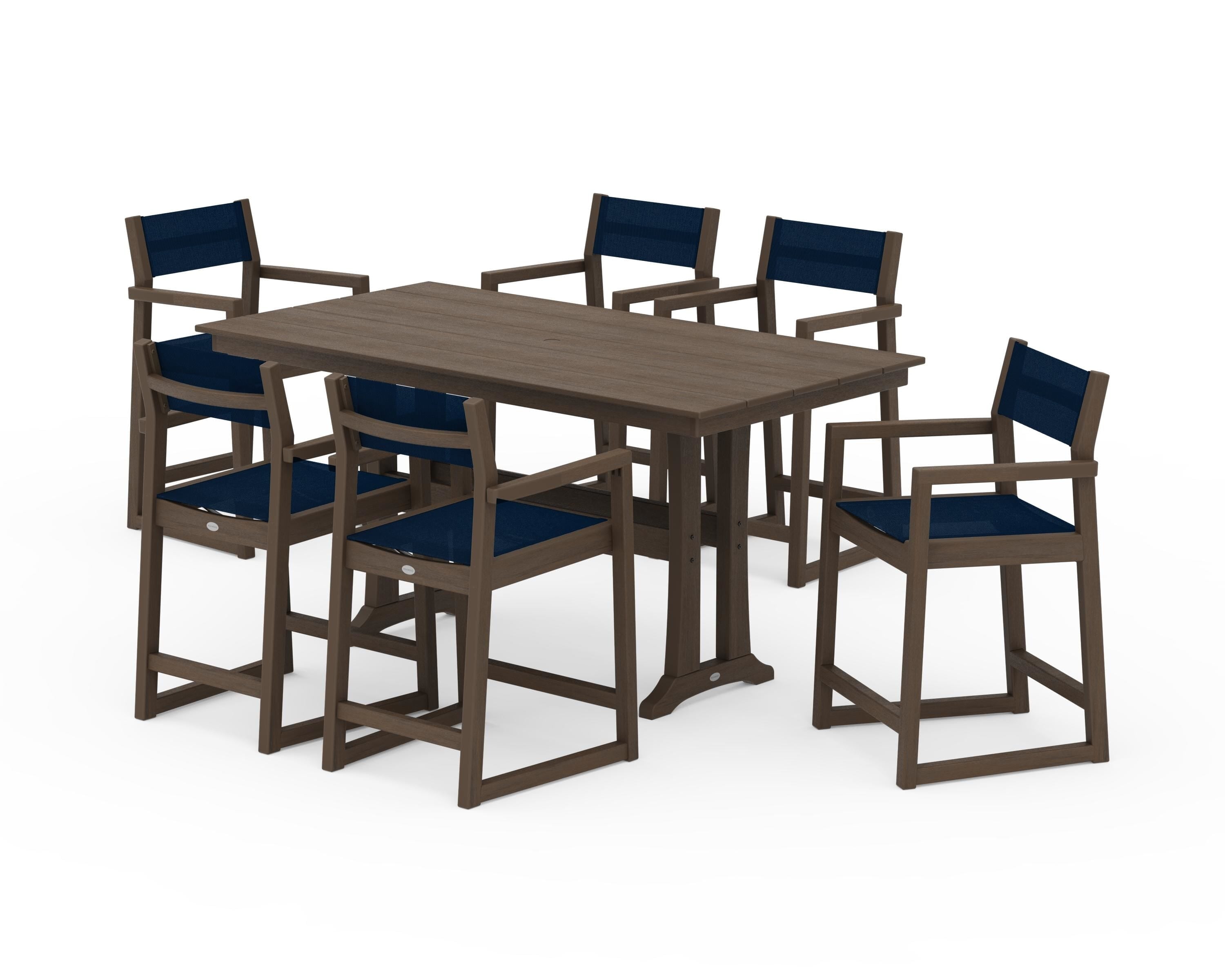 POLYWOOD EDGE Sling Arm Chair 7-Piece Farmhouse Counter Set with Trestle Legs in Kona / Navy Blue Sling