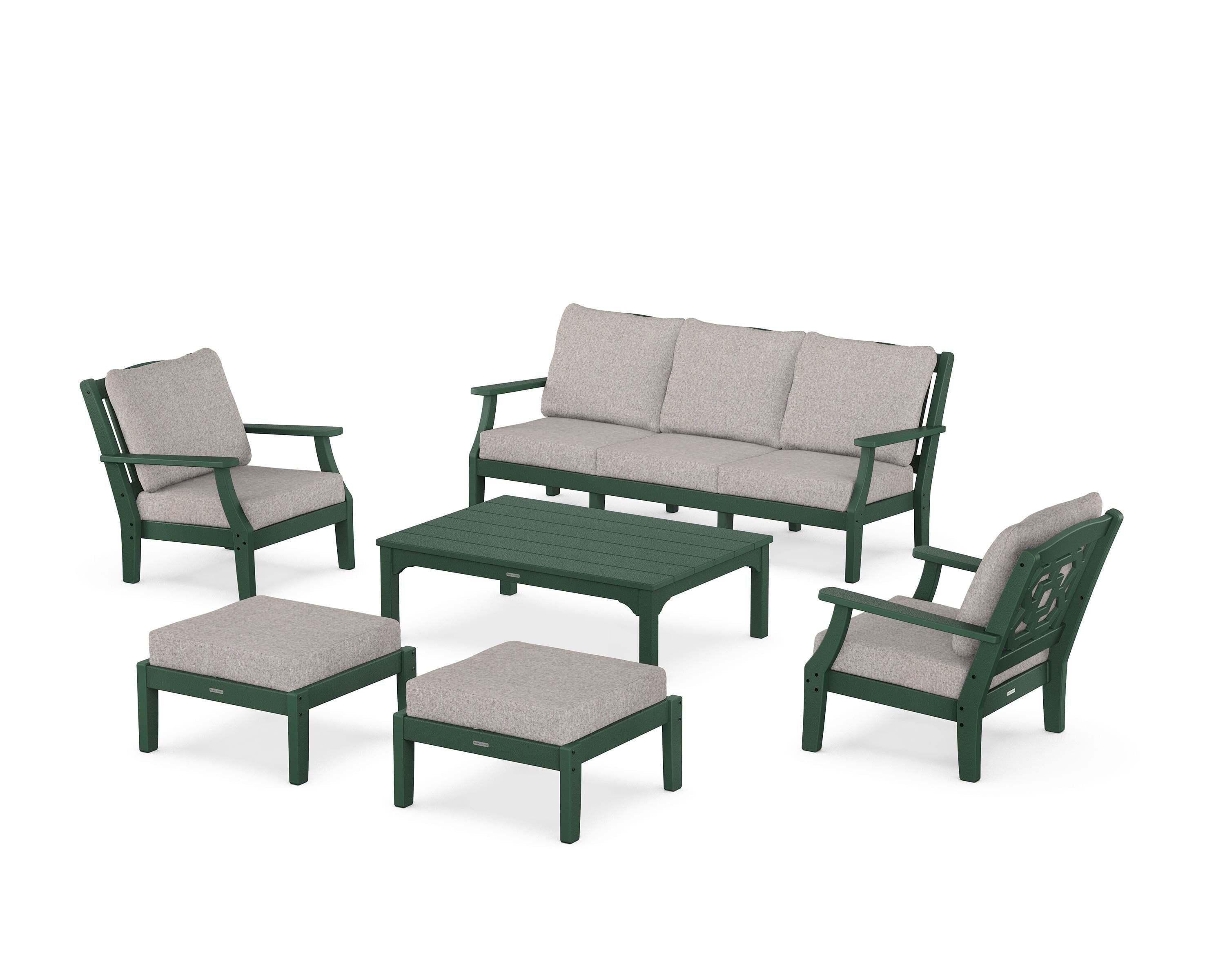 Martha Stewart by POLYWOOD Chinoiserie 6-Piece Lounge Sofa Set in Green / Weathered Tweed
