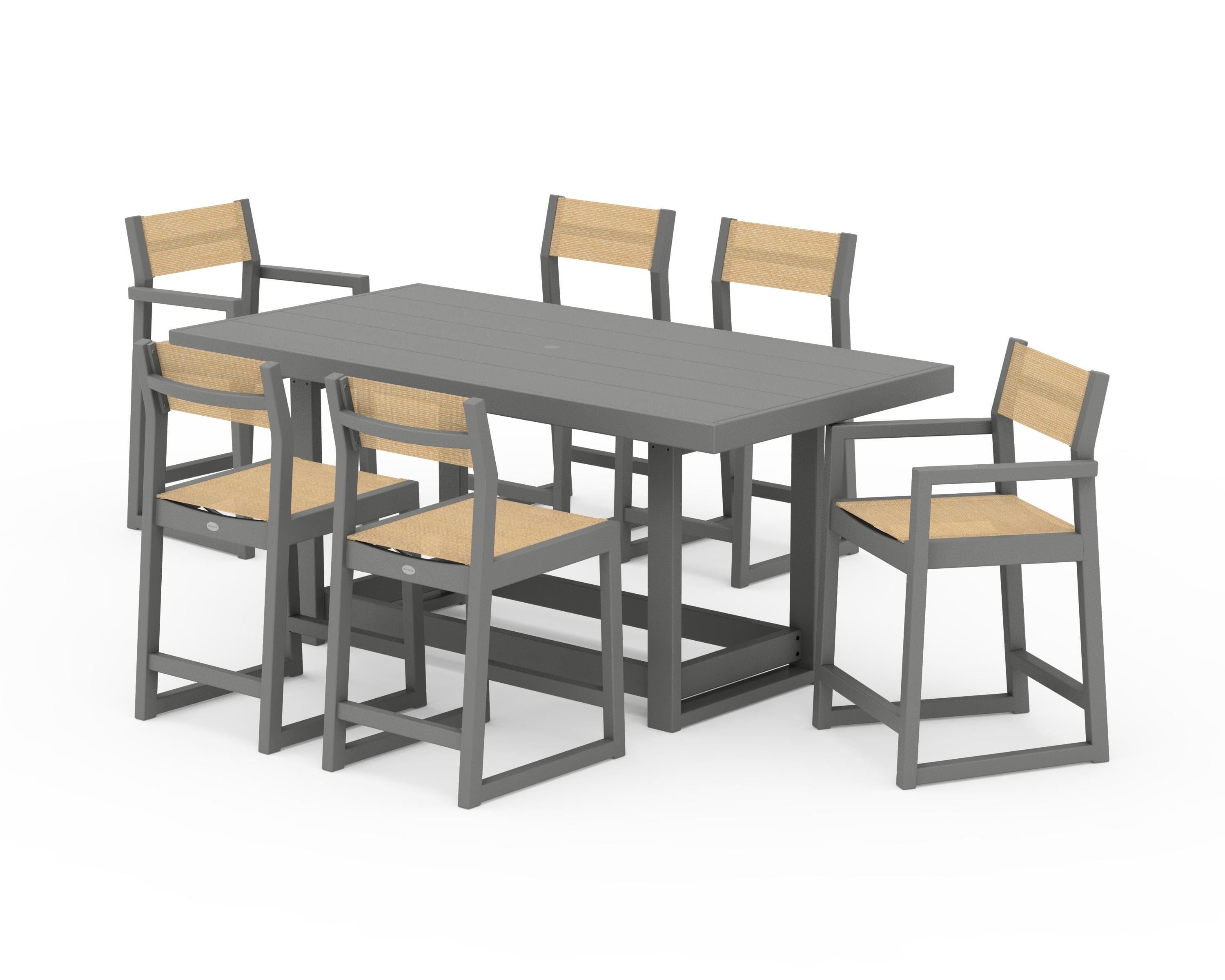 POLYWOOD EDGE Sling 7-Piece Counter Table Set in Slate Grey / Dupioni Apricot Sling