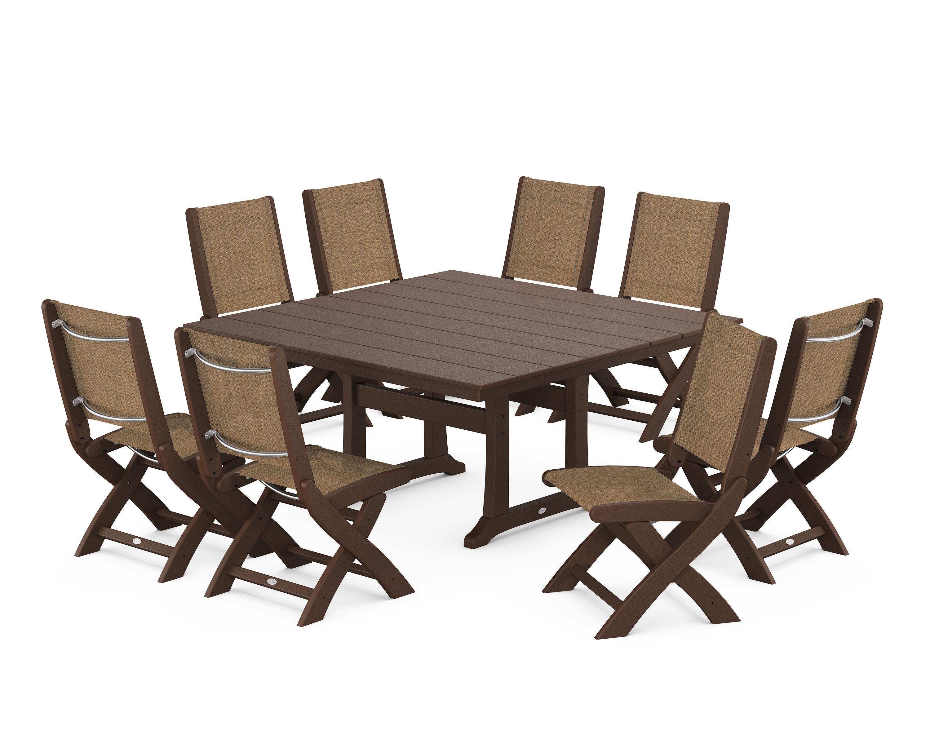 POLYWOOD Coastal Folding Side Chair 9-Piece Farmhouse Dining Set in Mahogany / Burlap Sling