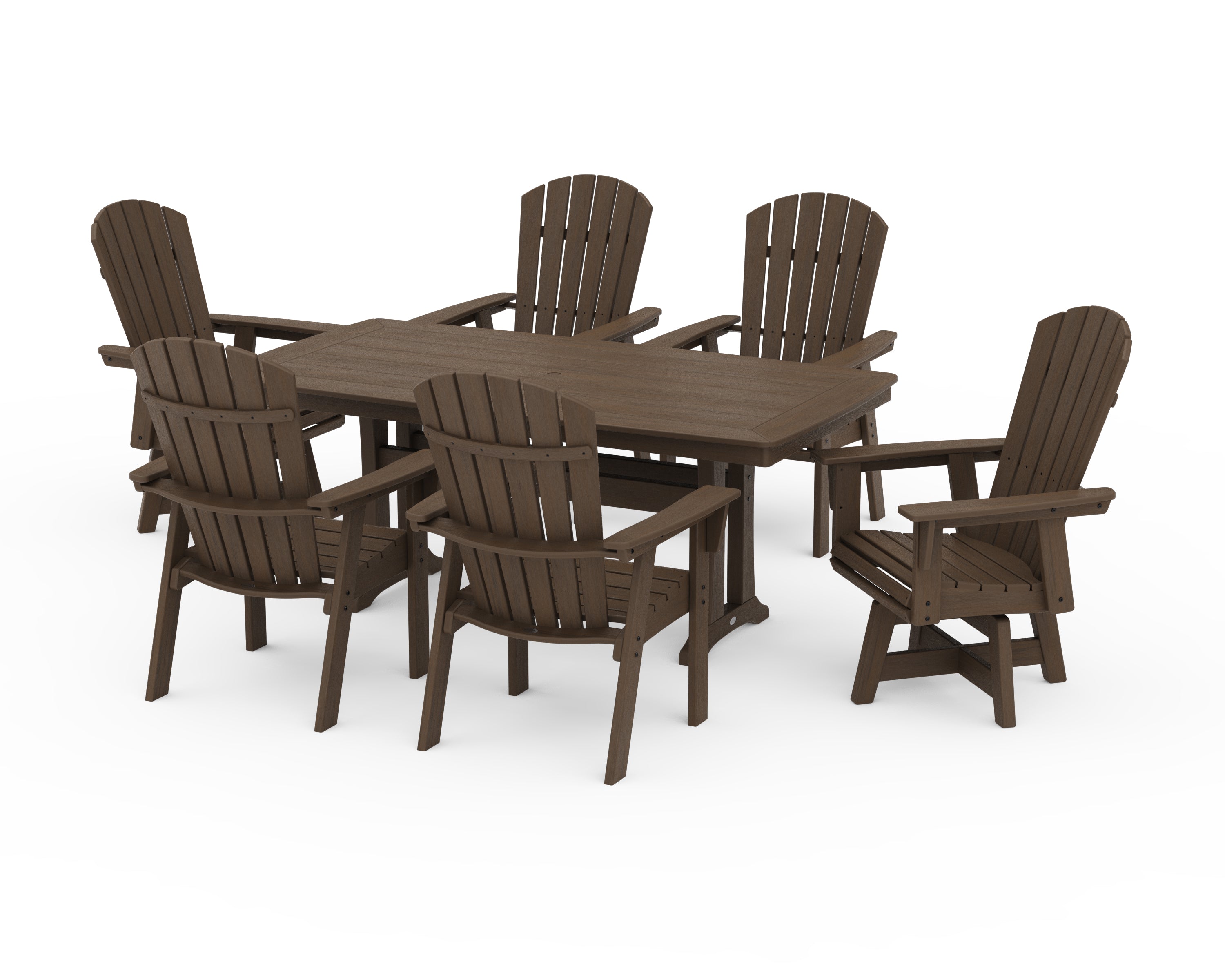 POLYWOOD Nautical Curveback Adirondack Swivel Chair 7-Piece Dining Set with Trestle Legs in Kona