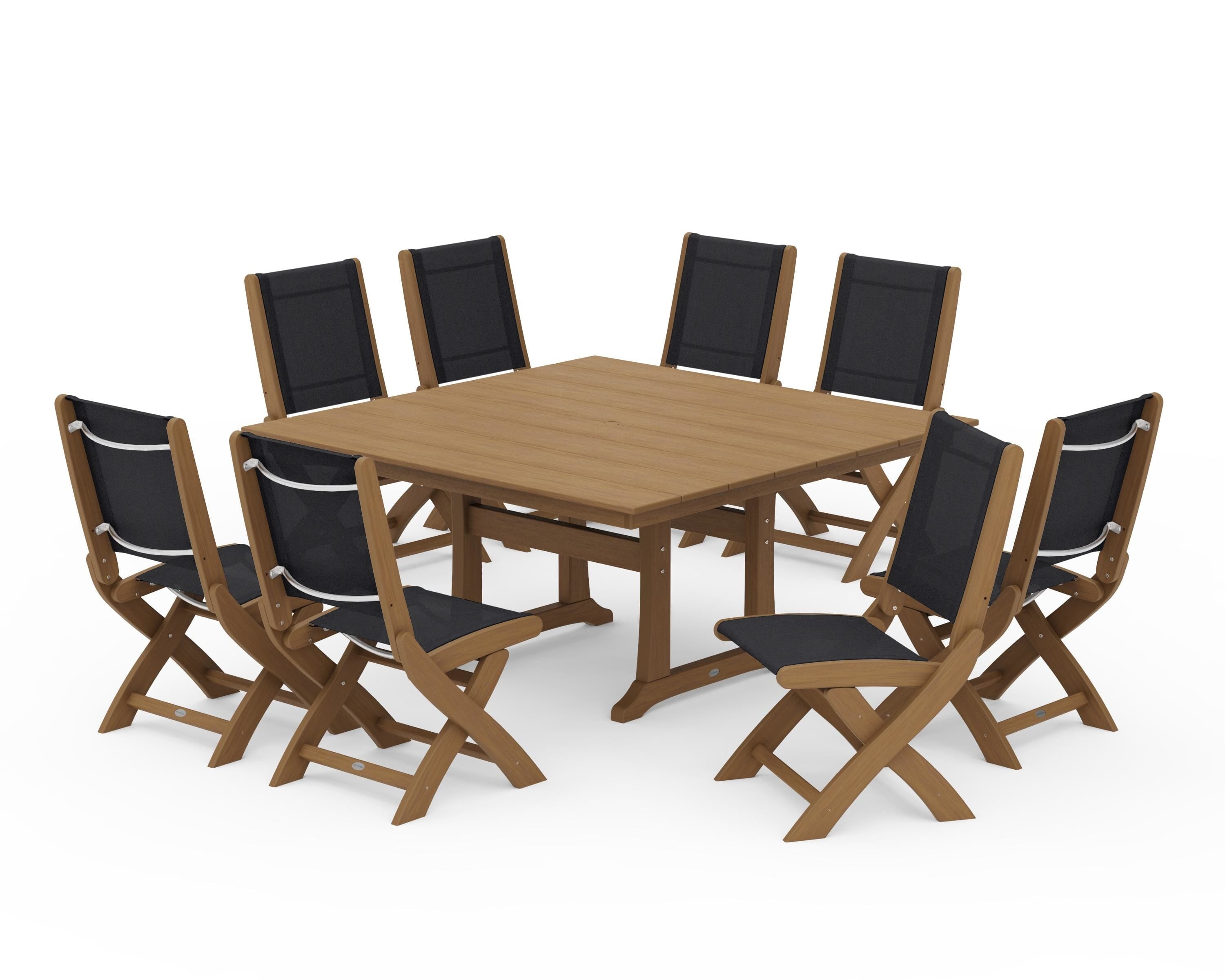 POLYWOOD Coastal Folding Side Chair 9-Piece Farmhouse Dining Set in Natural / Black Sling